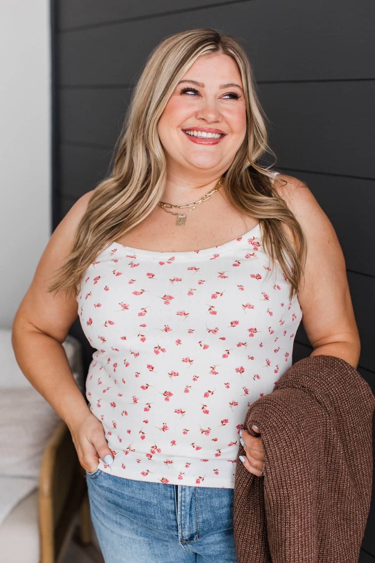 Putting Myself First Floral Tank Top- Ivory & Pink - Image 4