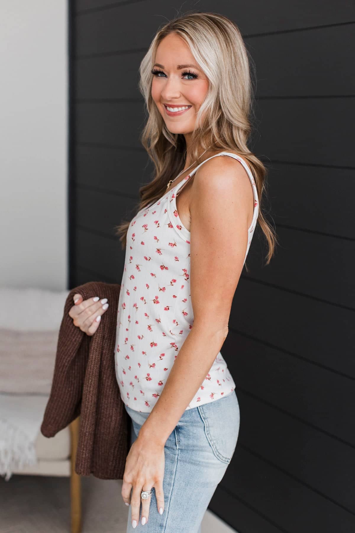 Putting Myself First Floral Tank Top- Ivory & Pink - Image 5