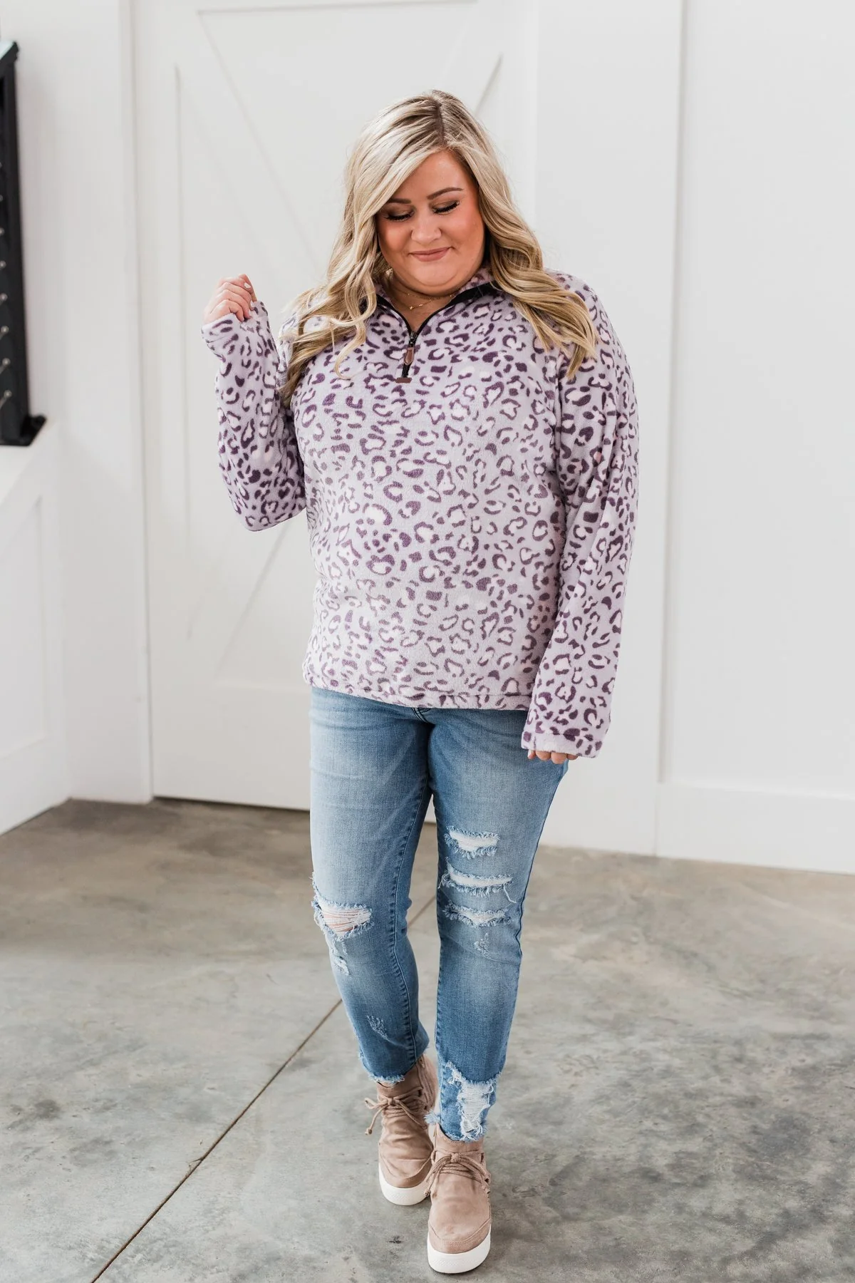 Quarter Zip Leopard Sherpa- Lilac - Image 5