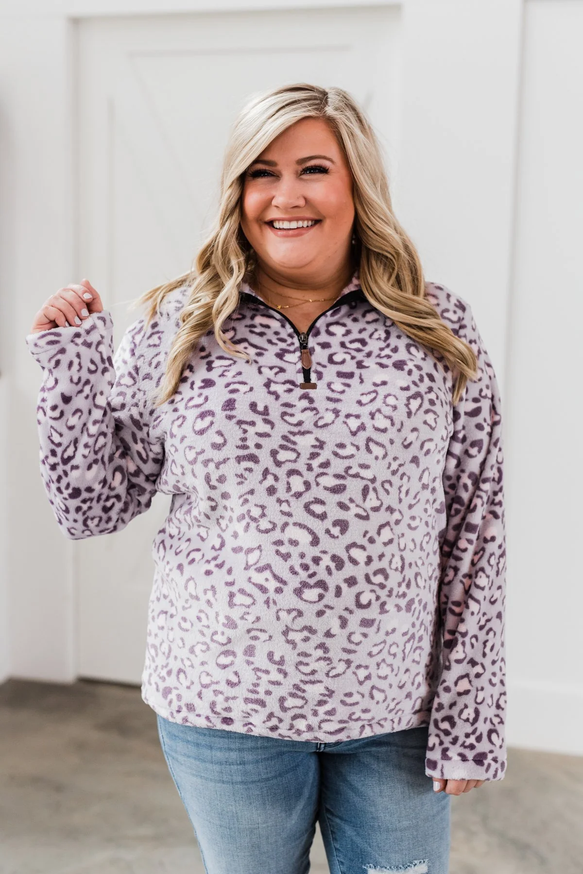Quarter Zip Leopard Sherpa- Lilac - Image 6