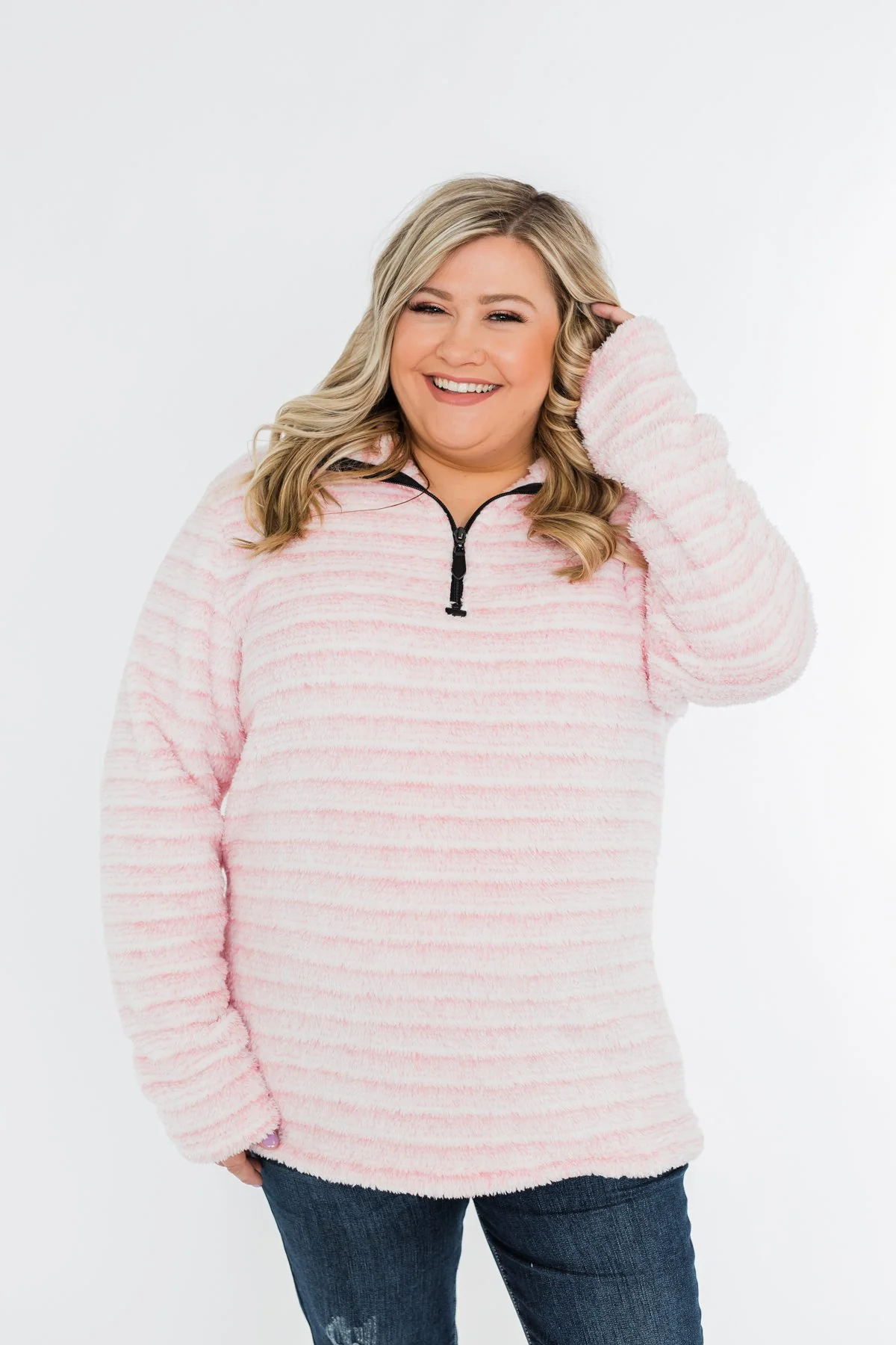 Quarter Zip Striped Sherpa- Pink & Ivory - Image 2