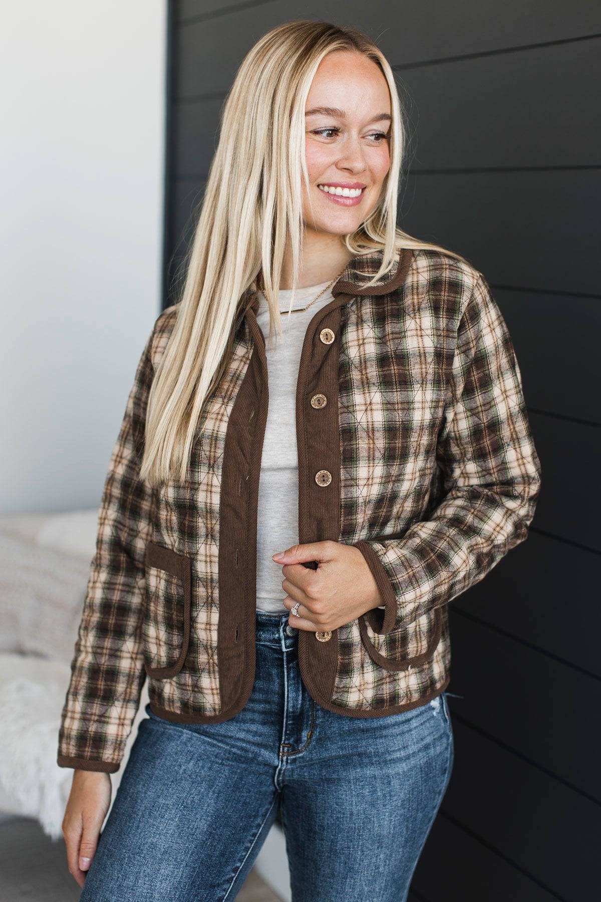 Quiet Confidence Quilted Plaid Jacket- Brown