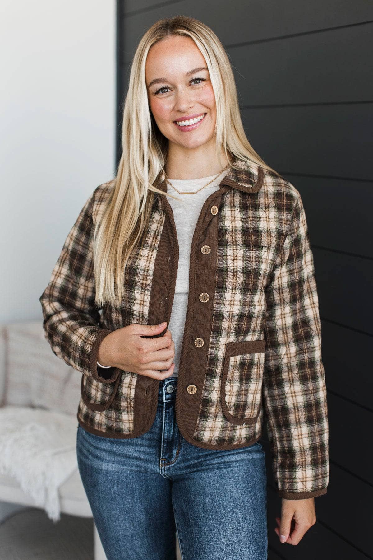 Quiet Confidence Quilted Plaid Jacket- Brown - Image 4
