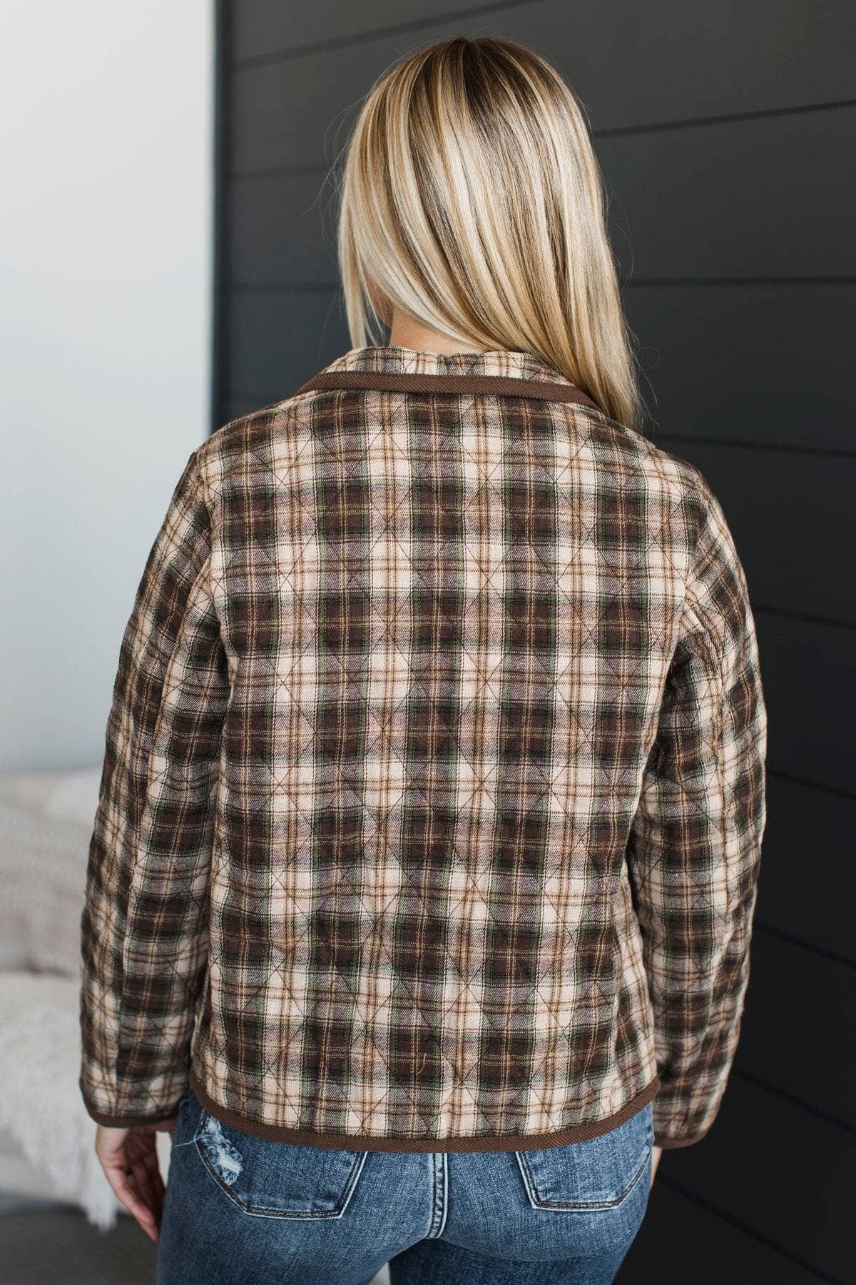 Quiet Confidence Quilted Plaid Jacket- Brown - Image 9