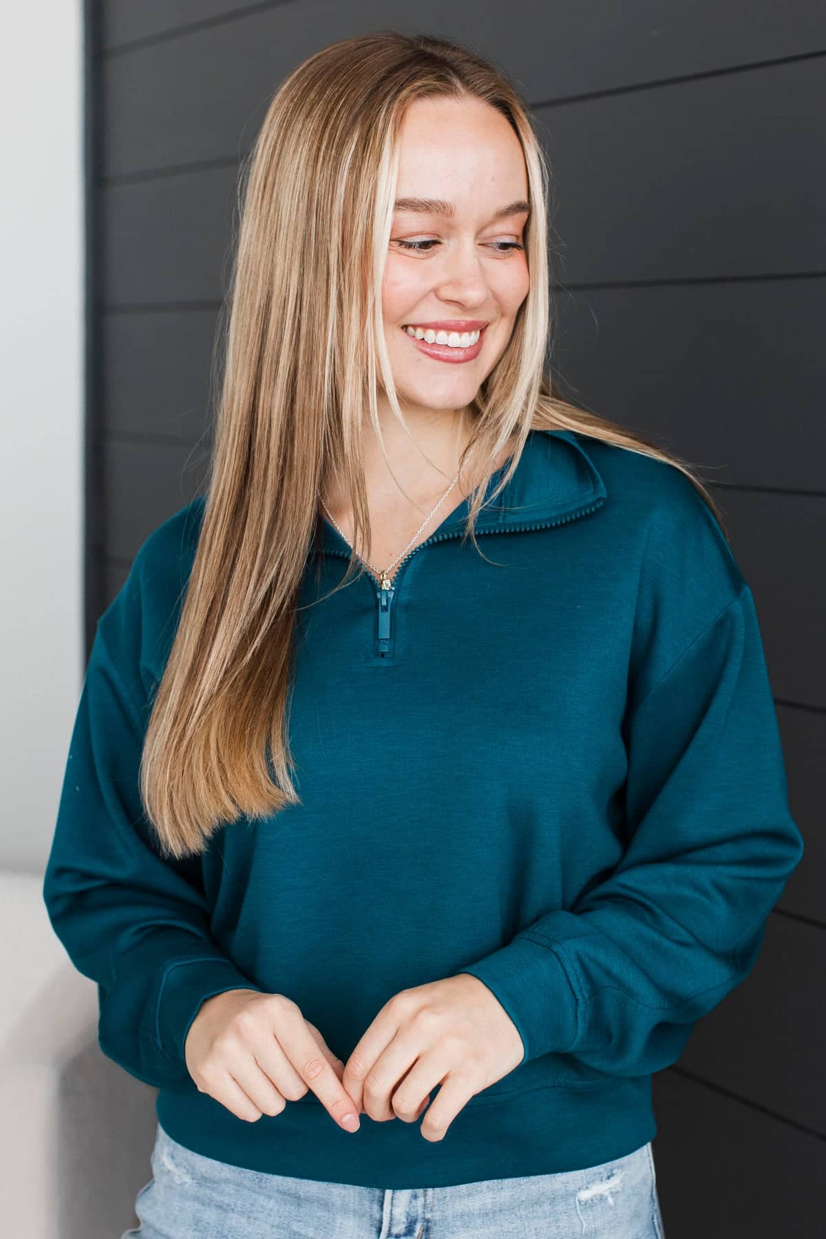 Quietly Happy Lightweight Quarter Zip Pullover- Dark Teal