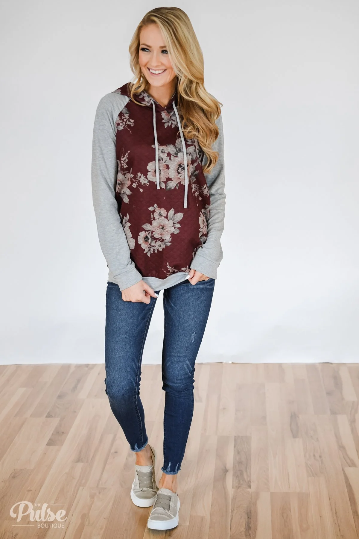 Quilted Floral Hoodie- Burgundy - Image 3