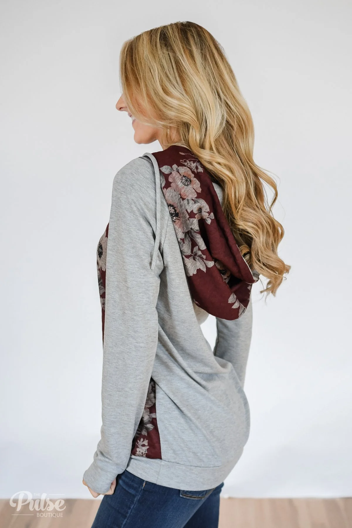 Quilted Floral Hoodie- Burgundy - Image 4