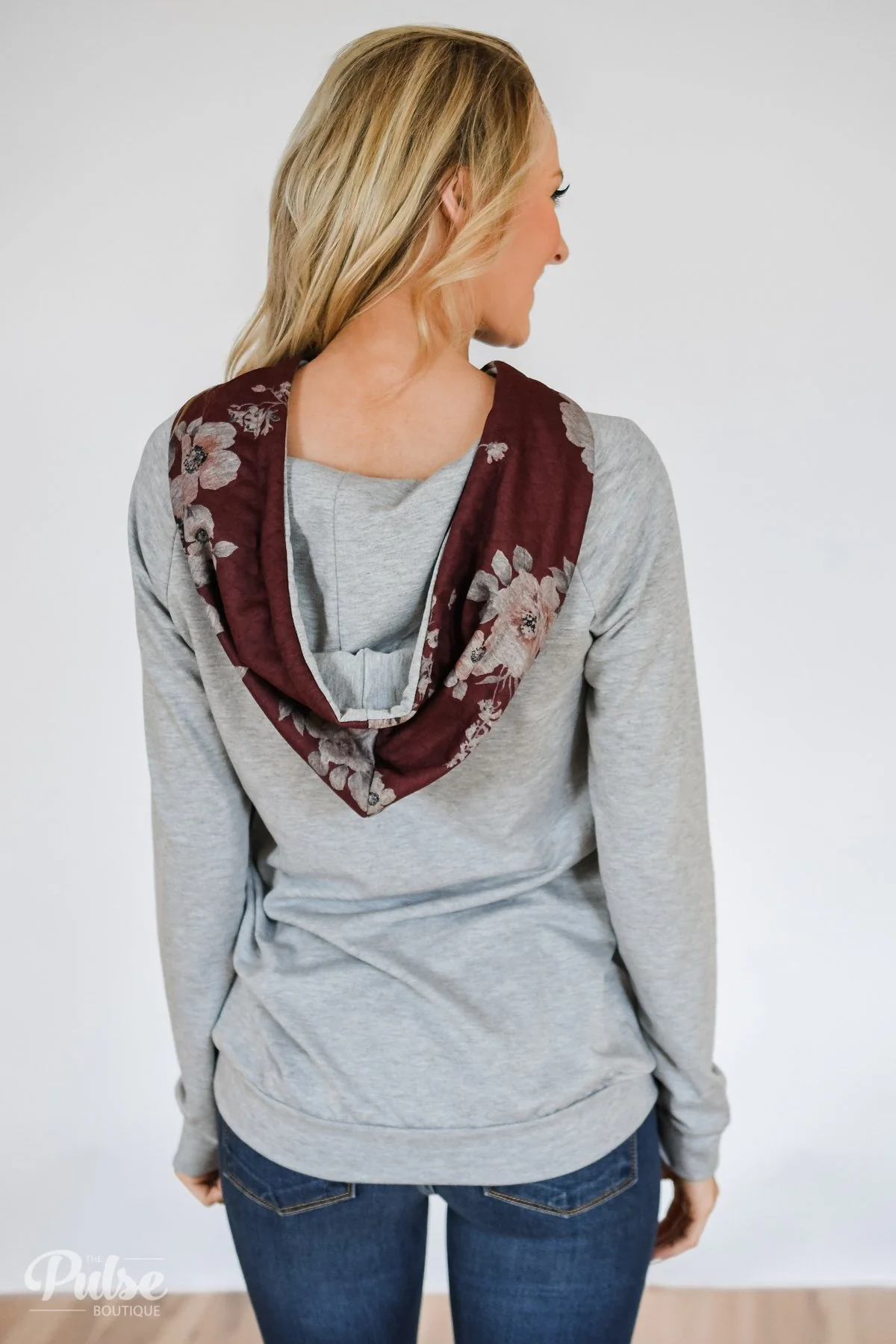 Quilted Floral Hoodie- Burgundy - Image 5