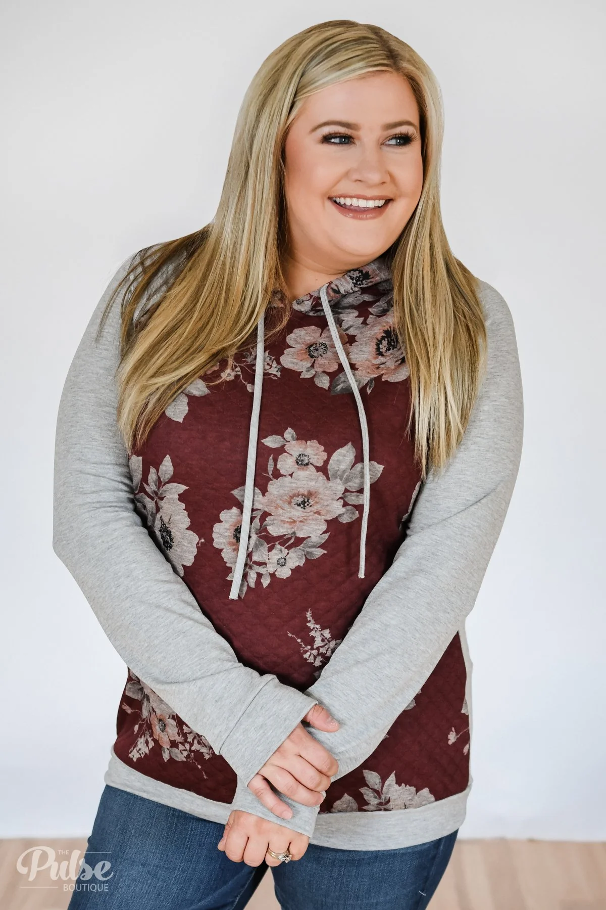 Quilted Floral Hoodie- Burgundy - Image 7