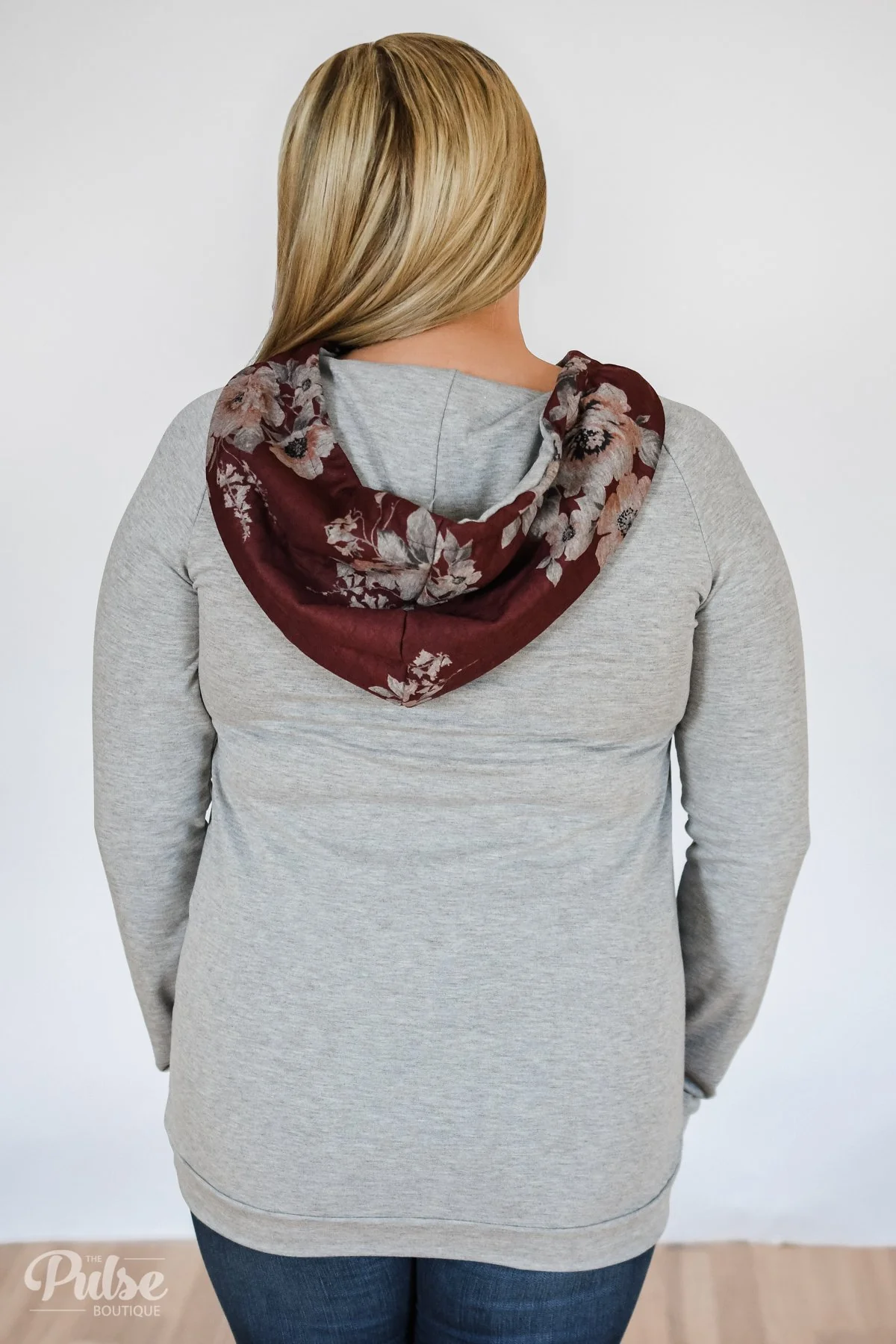 Quilted Floral Hoodie- Burgundy - Image 9