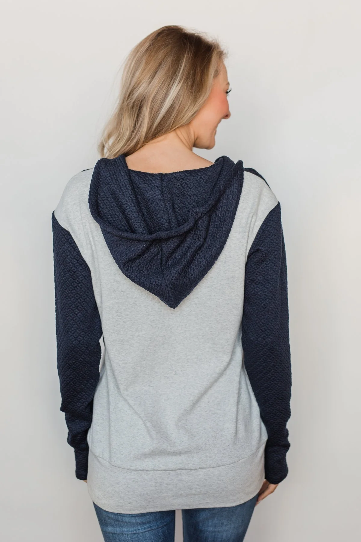 Half-Zip Quilted Ampersand Hoodie- Navy & Grey - Image 12