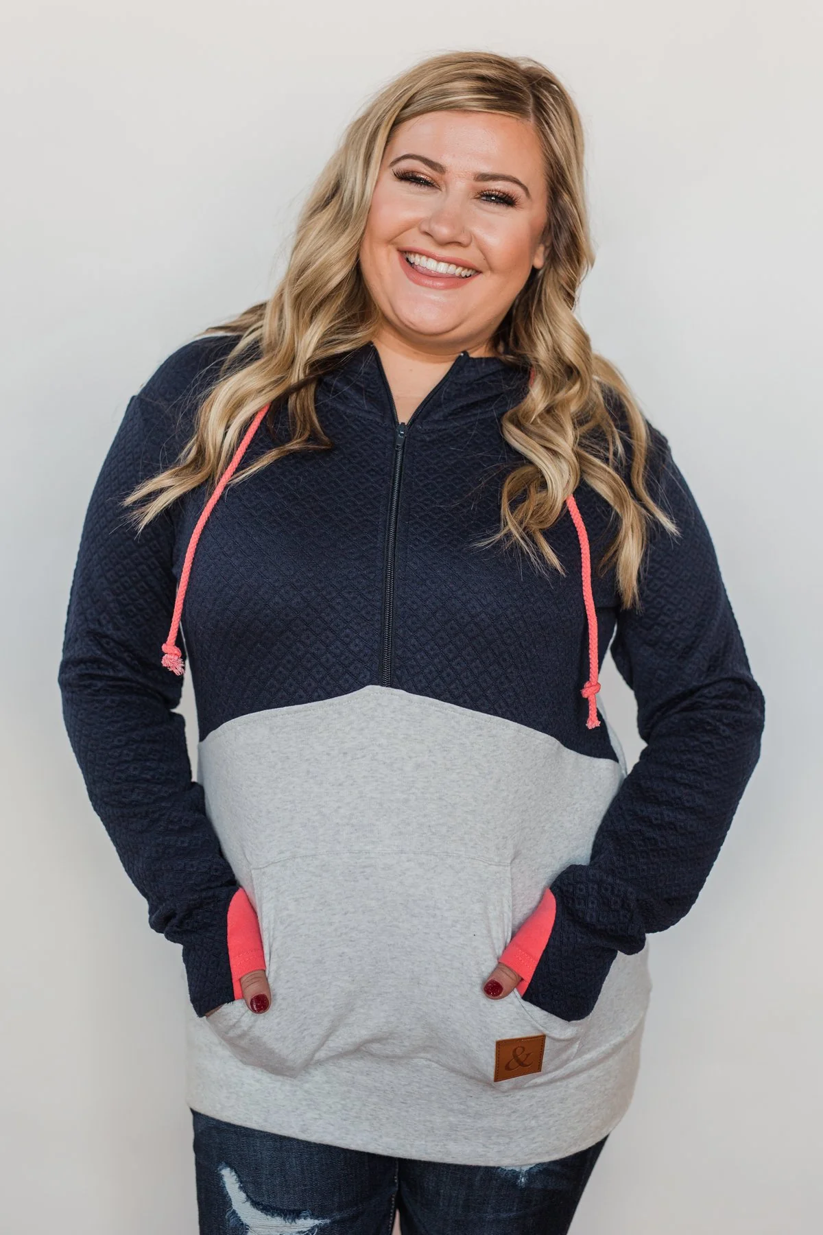 Half-Zip Quilted Ampersand Hoodie- Navy & Grey - Image 14
