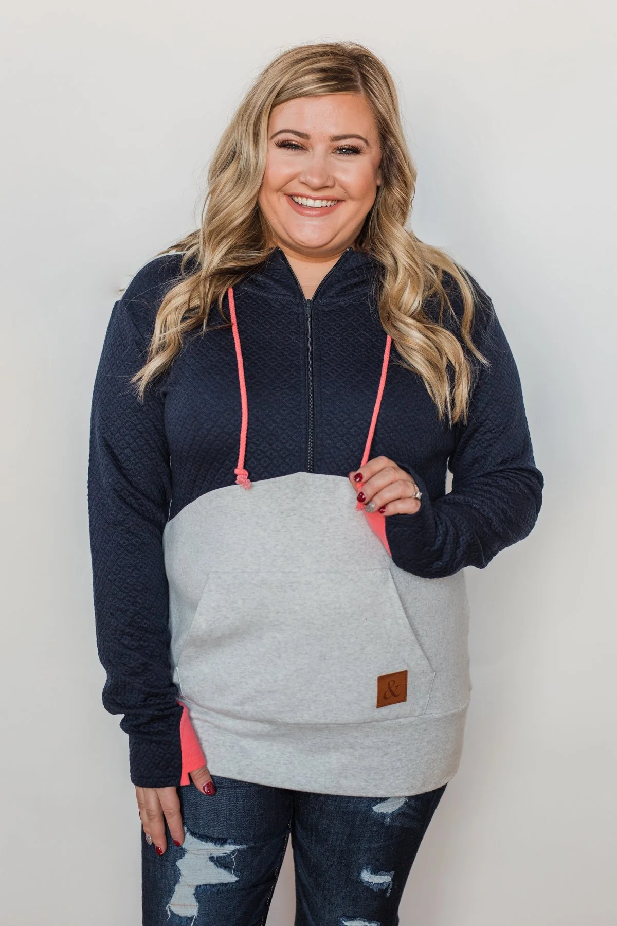Half-Zip Quilted Ampersand Hoodie- Navy & Grey - Image 15