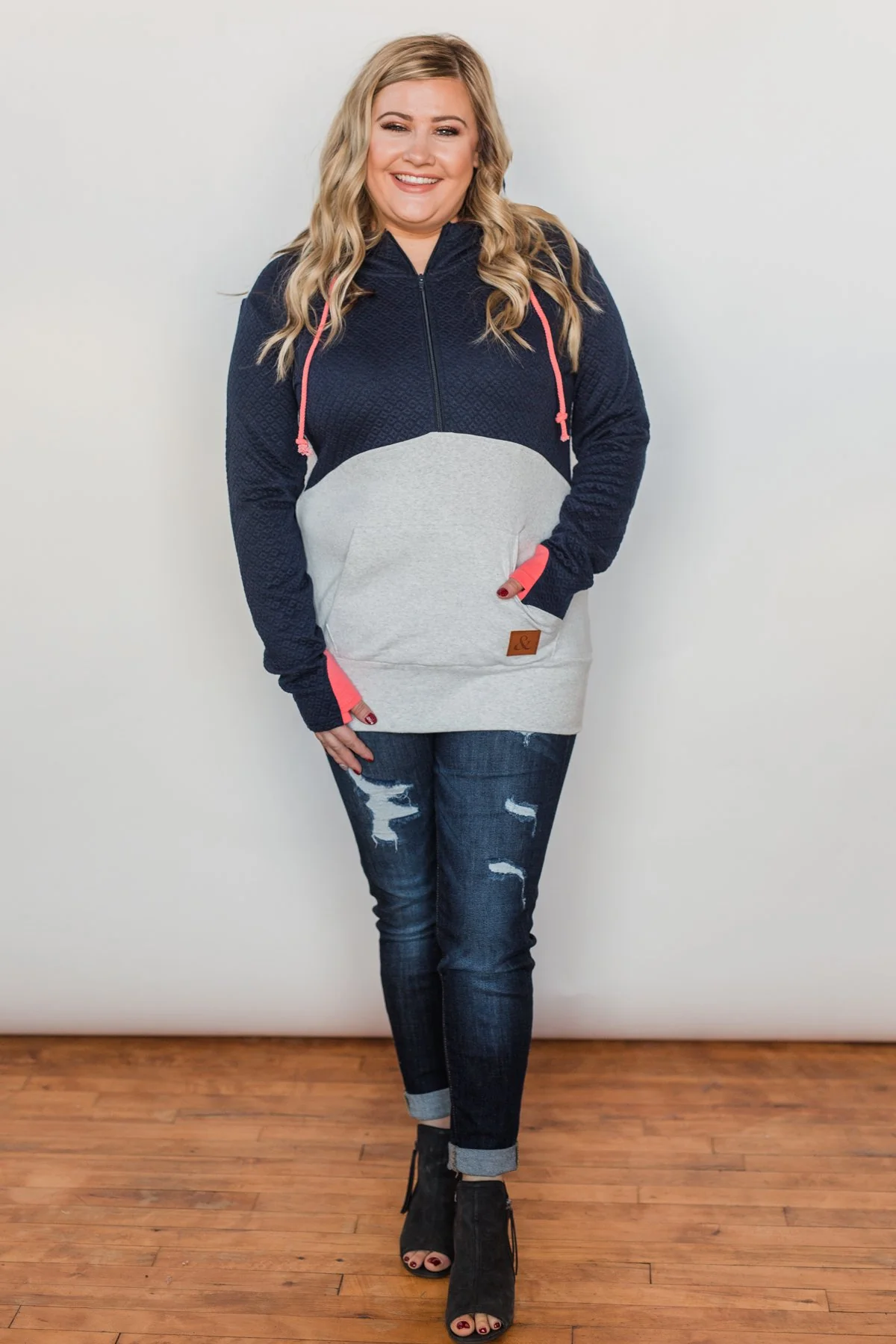 Half-Zip Quilted Ampersand Hoodie- Navy & Grey - Image 7