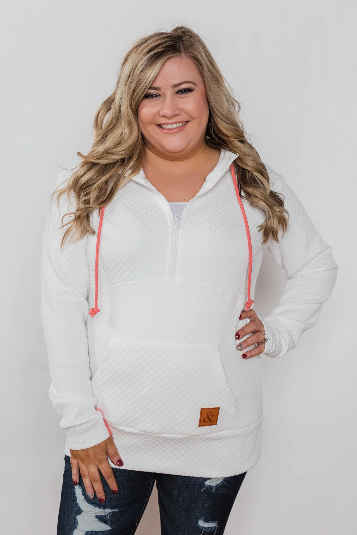 Quilted Half-Zip Ampersand Hoodie- White & Coral - Image 10