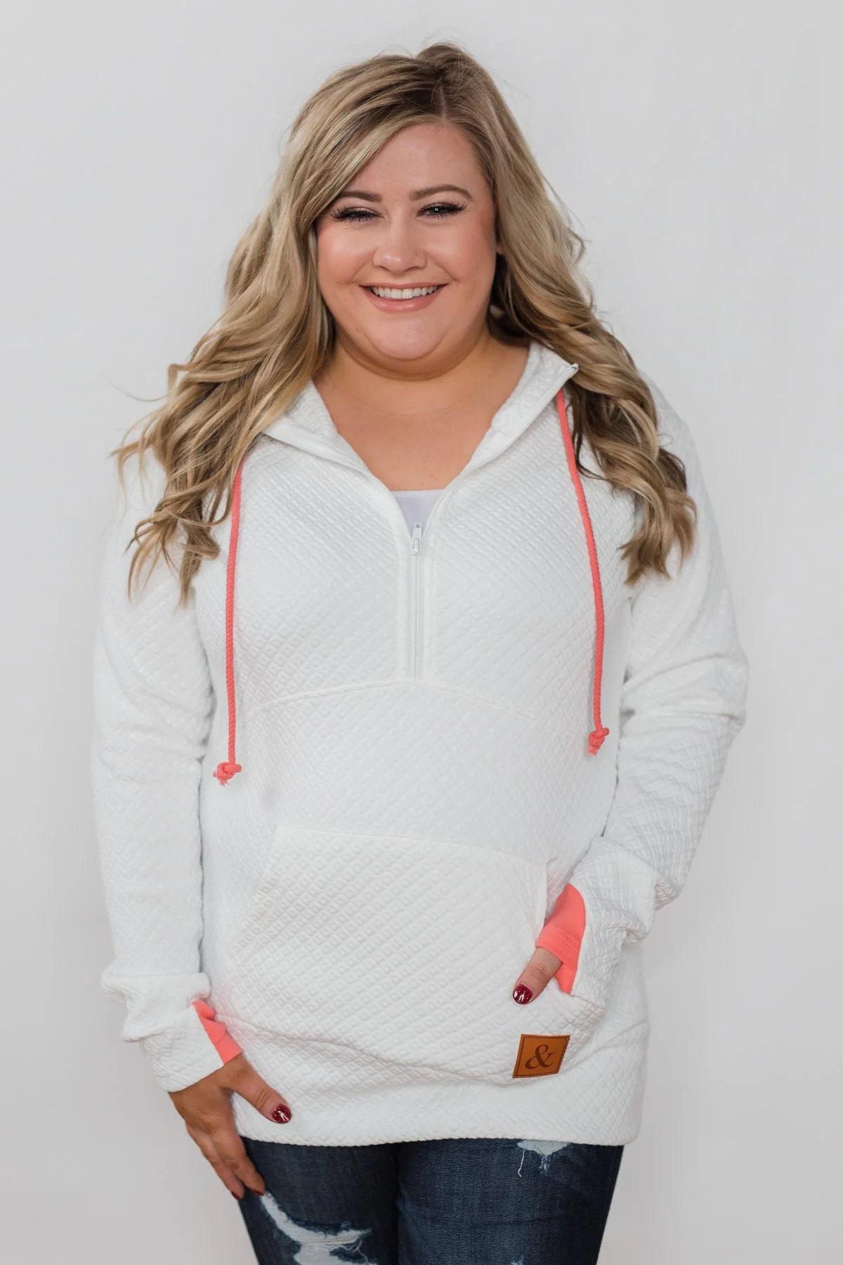 Quilted Half-Zip Ampersand Hoodie- White & Coral - Image 9