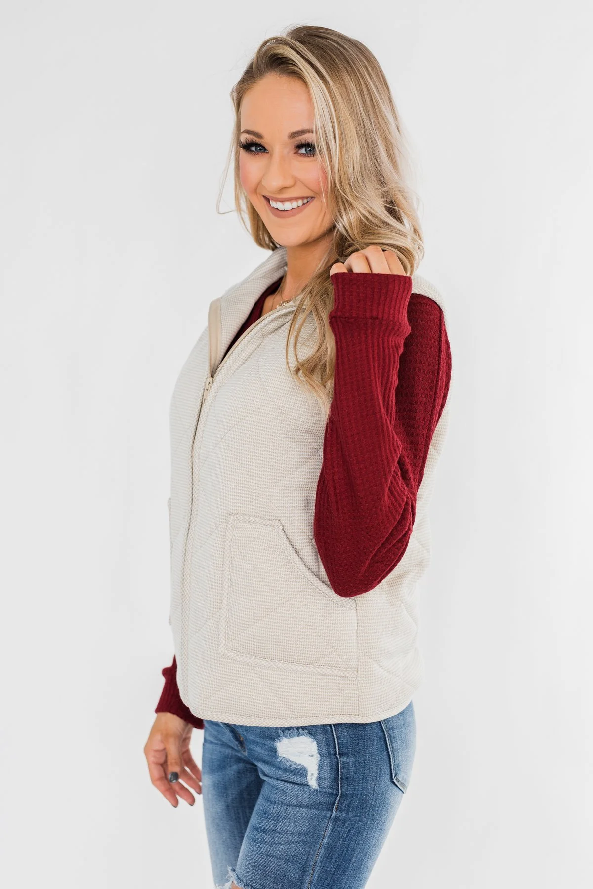 Quilted Pocket Vest- Oatmeal - Image 2