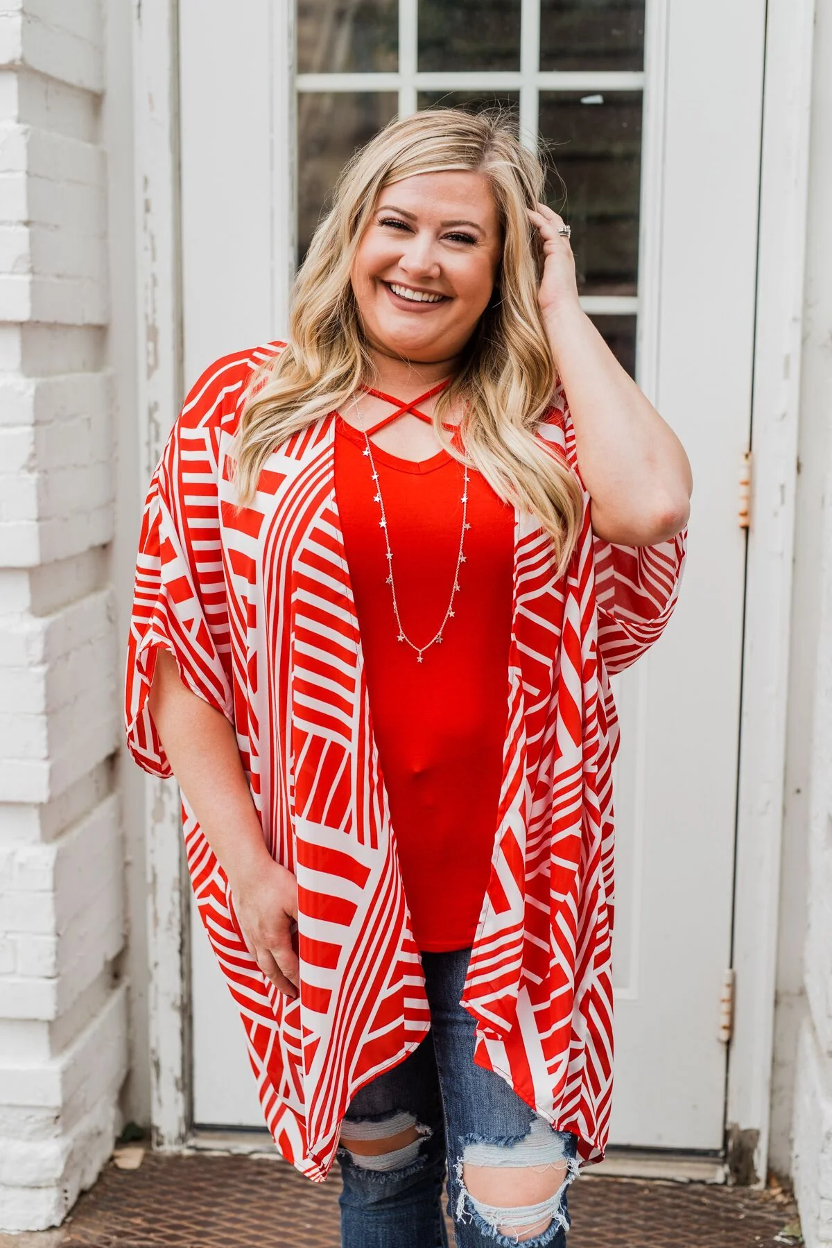 Radiant in Red Short Sleeve Kimono- Ivory - Image 5