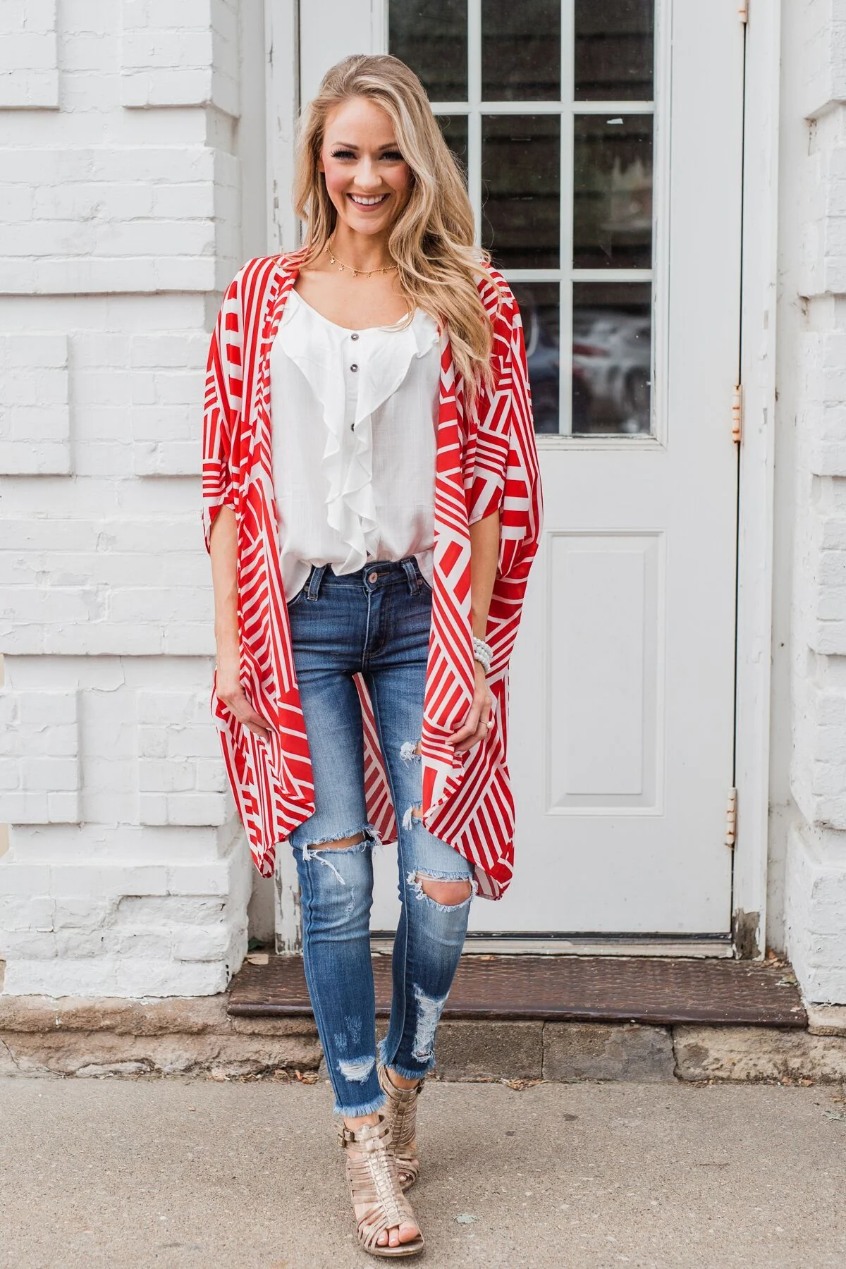 Radiant in Red Short Sleeve Kimono- Ivory - Image 6