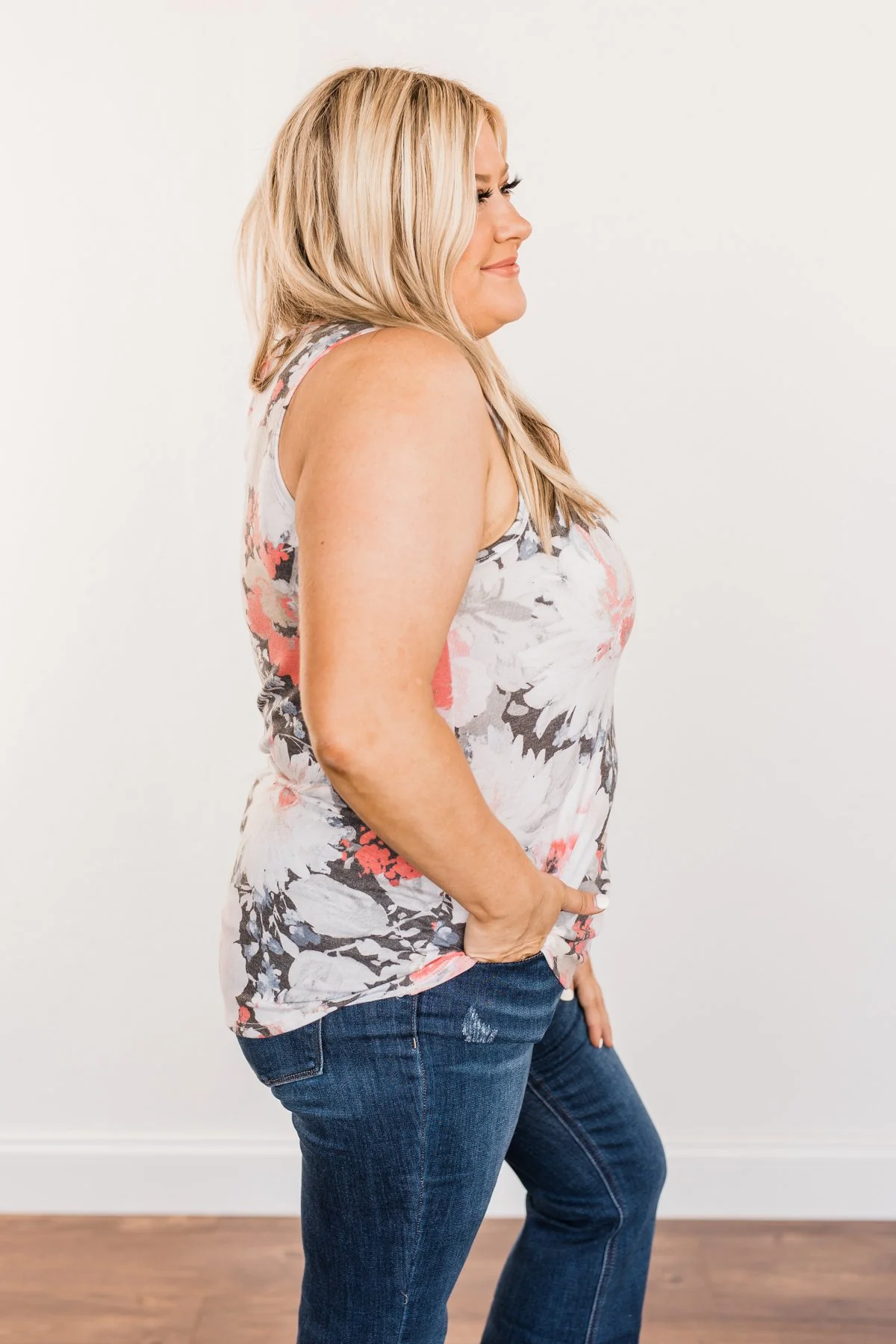 Radiant & Ravishing Floral Tank Top- Coral & Grey - Image 11