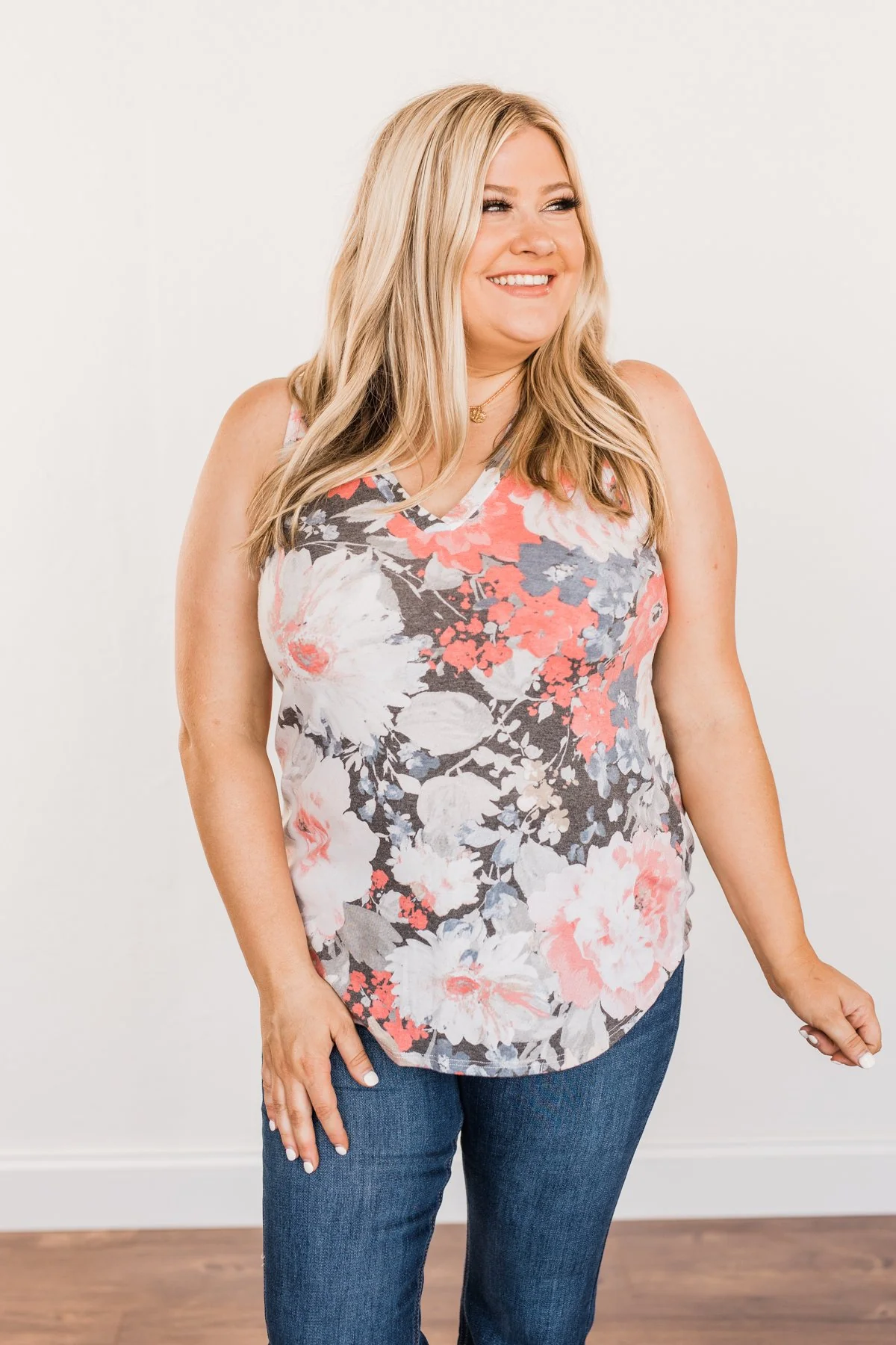 Radiant & Ravishing Floral Tank Top- Coral & Grey - Image 2
