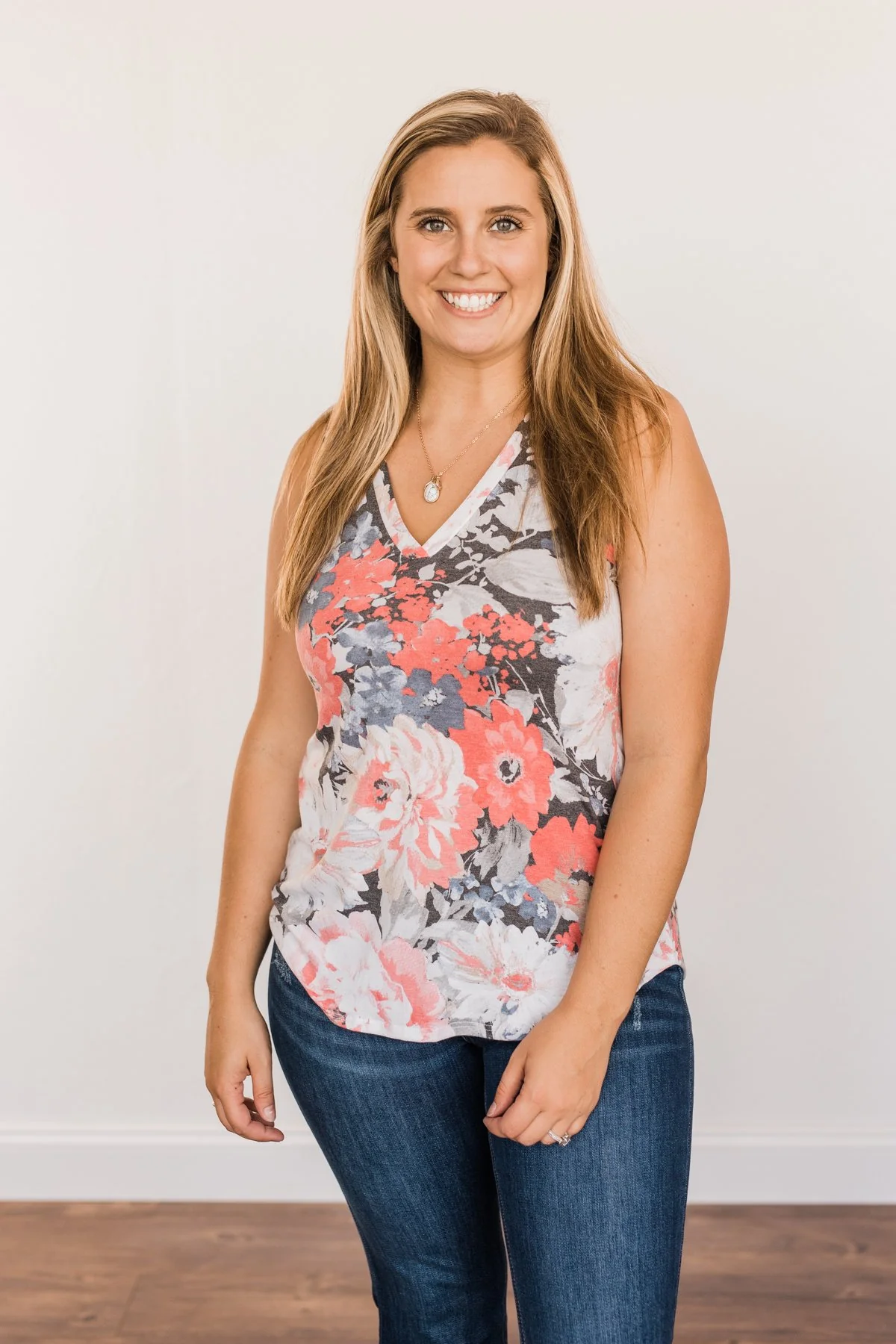 Radiant & Ravishing Floral Tank Top- Coral & Grey - Image 3