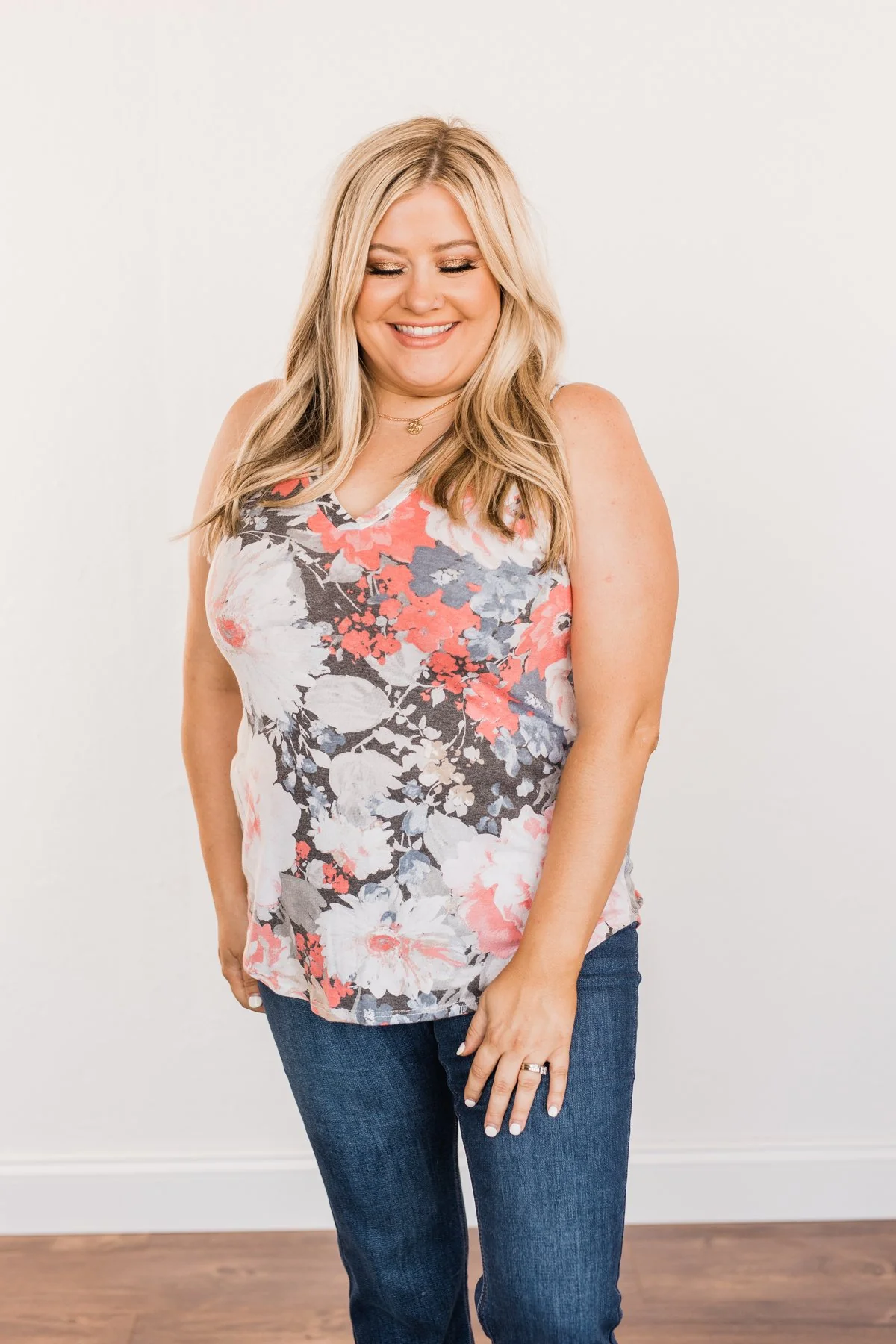 Radiant & Ravishing Floral Tank Top- Coral & Grey - Image 5