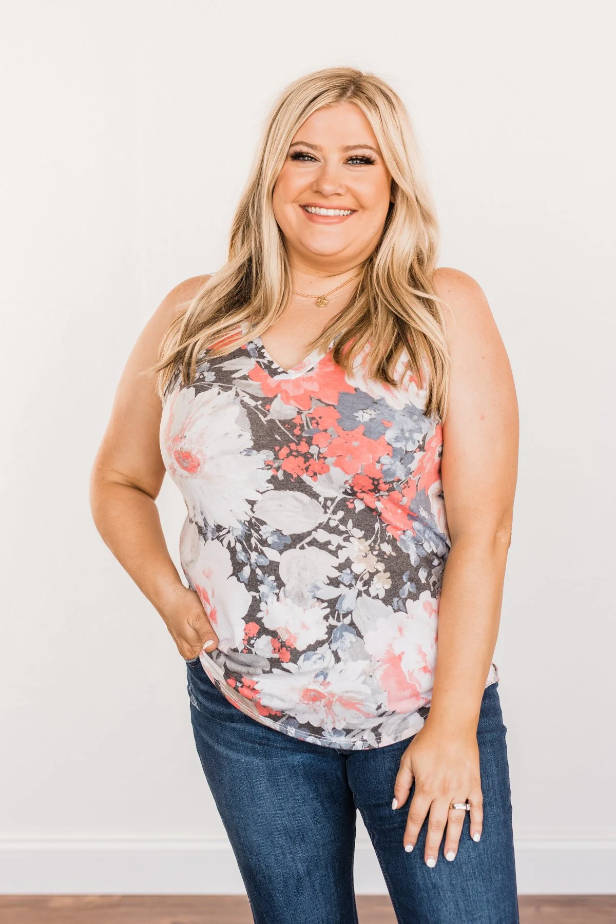 Radiant & Ravishing Floral Tank Top- Coral & Grey - Image 8