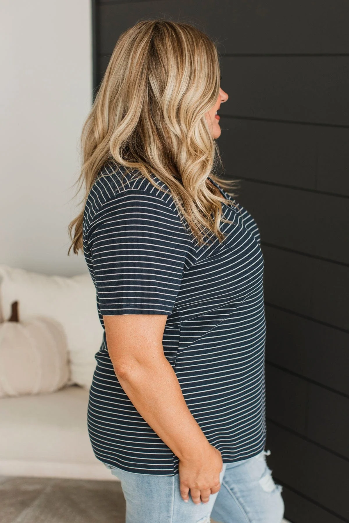 Radiate Confidence Striped V-Neck Top- Navy - Image 5