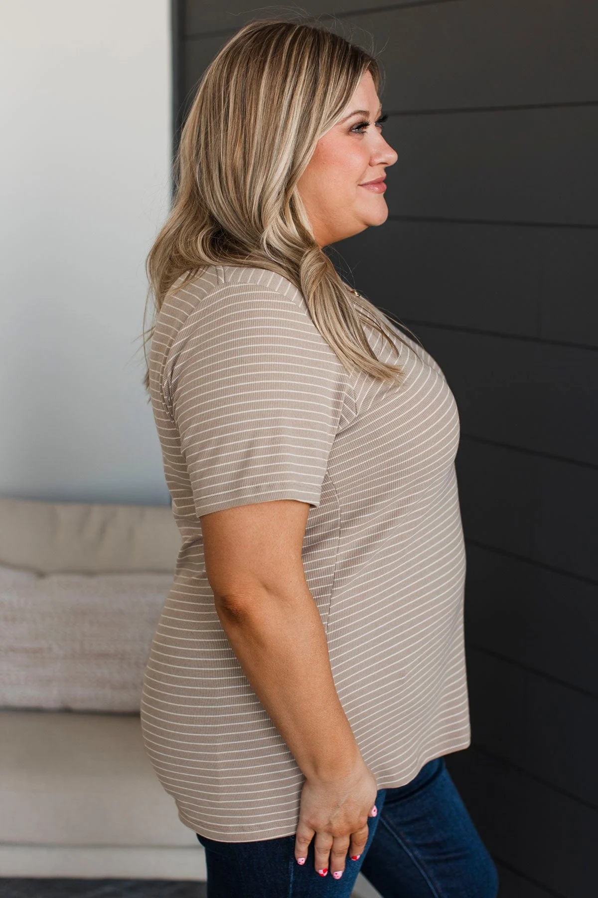Radiate Confidence Striped V-Neck Top- Taupe - Image 6