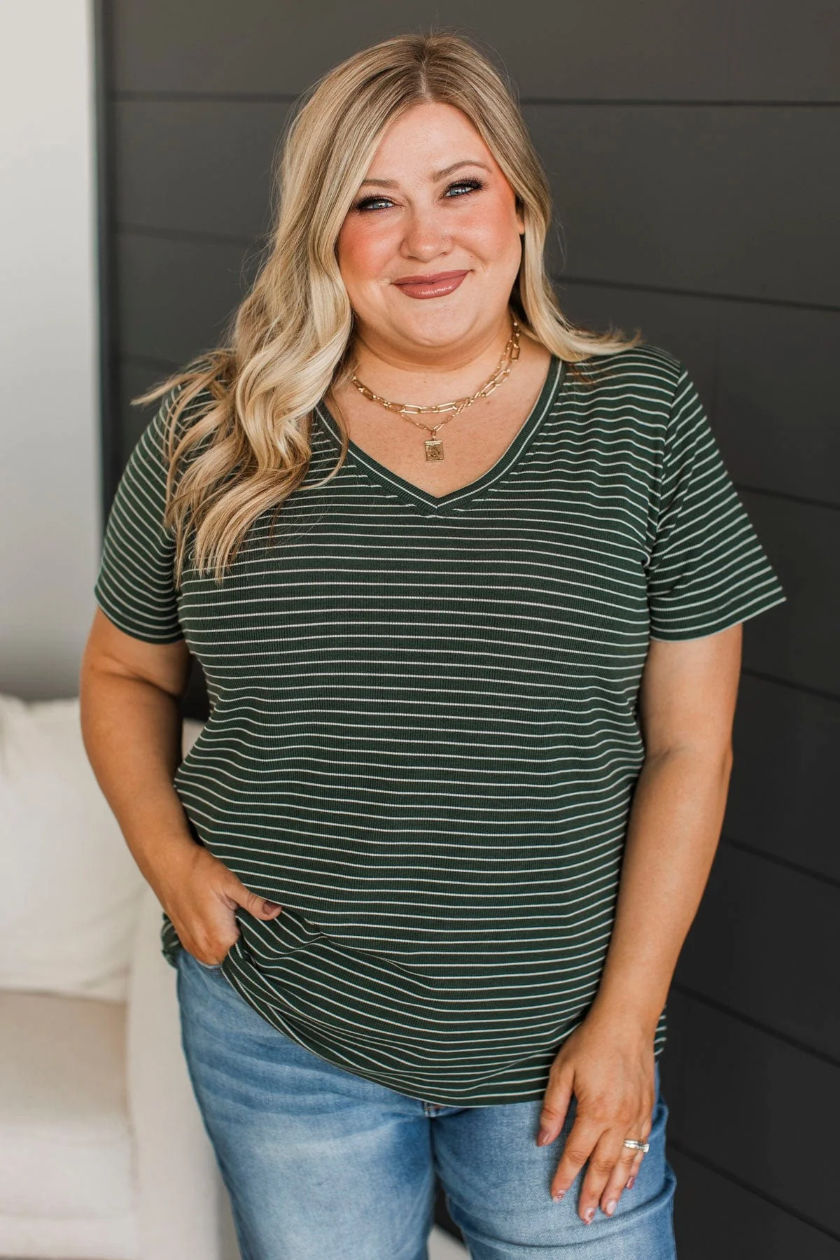 Radiate Confidence Striped V-Neck Top- Wintergreen - Image 2