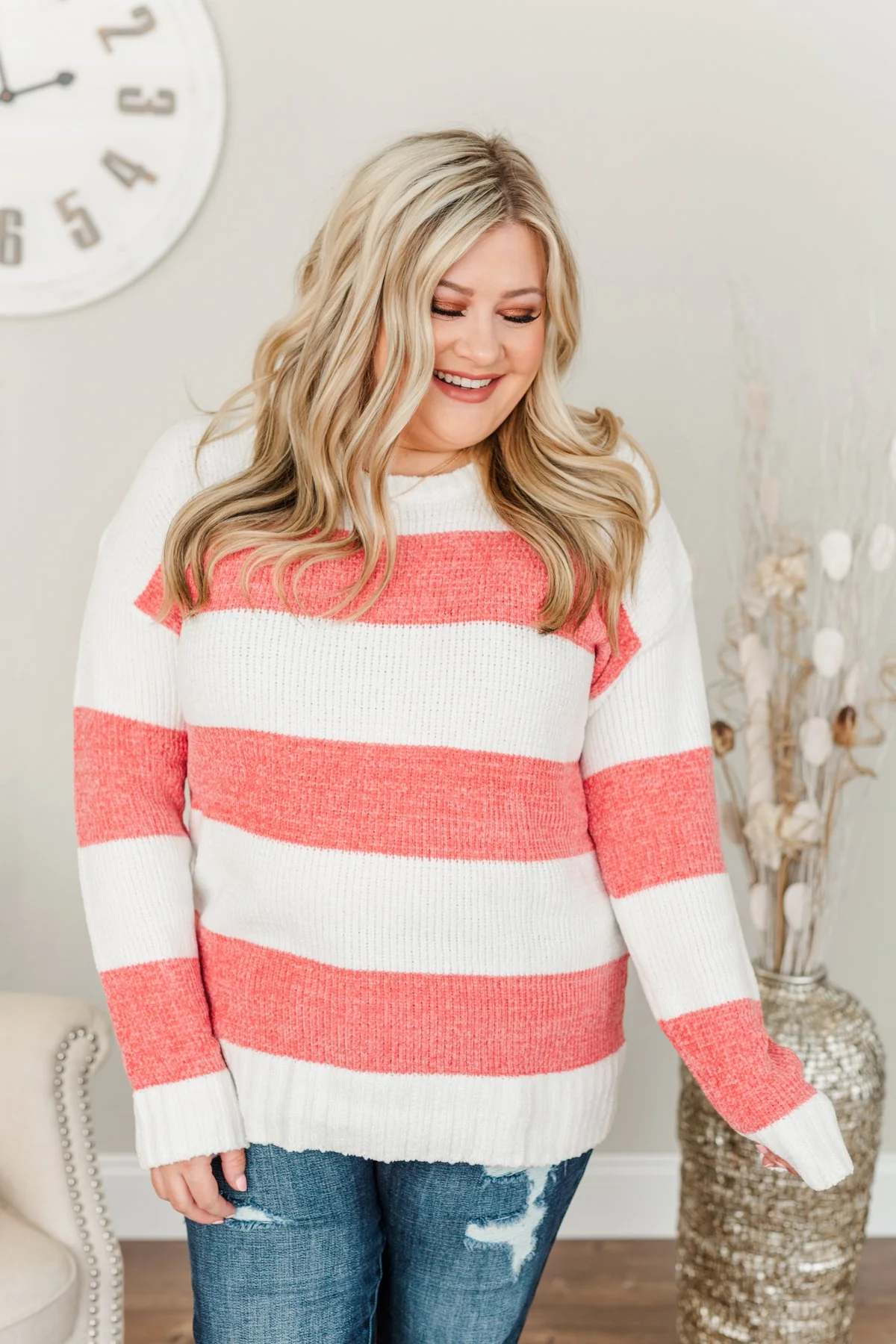 Radiate Happiness Striped Knit Sweater- Coral & Off-White - Image 5
