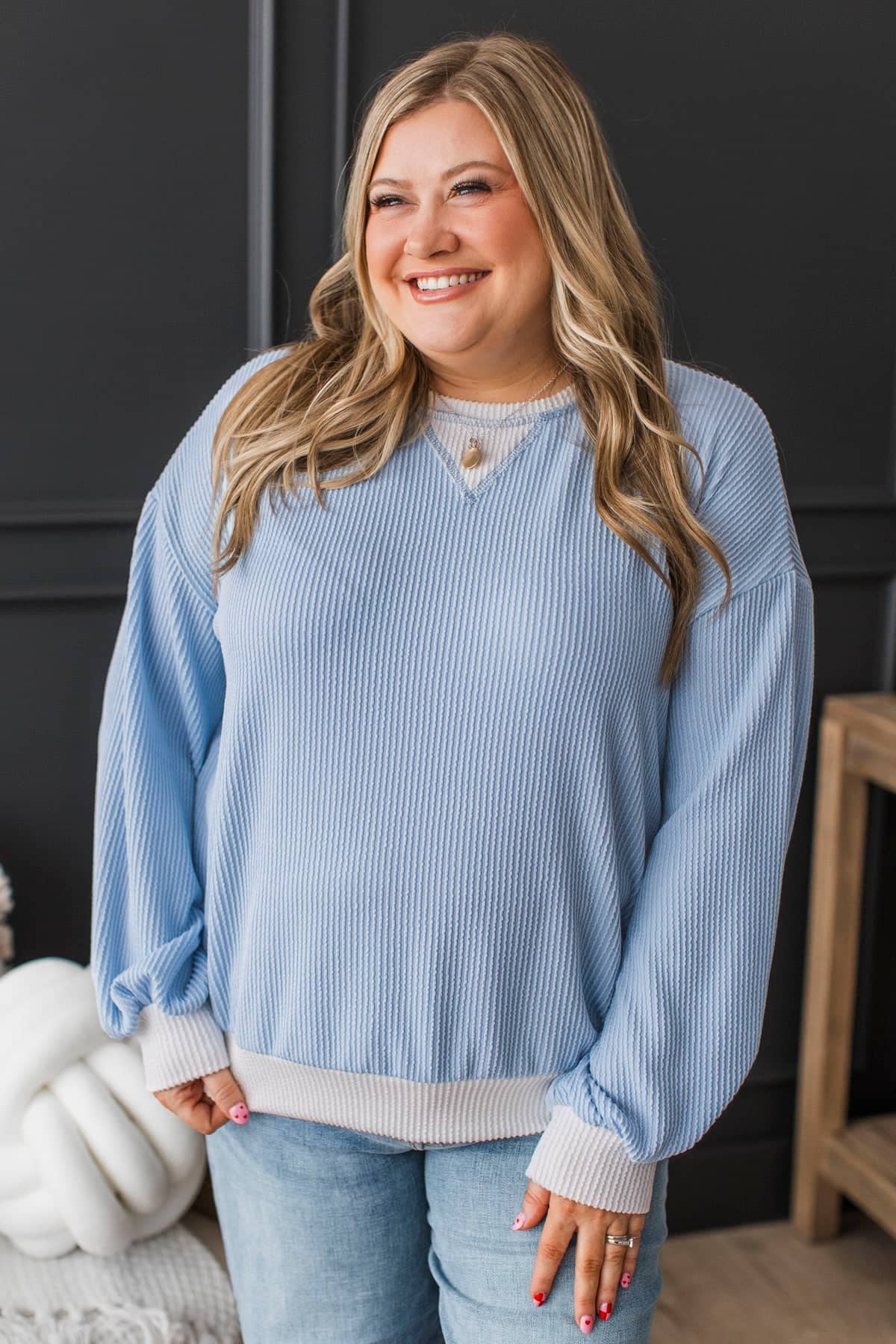 Radiate Peace Ribbed Pullover Top- Light Blue