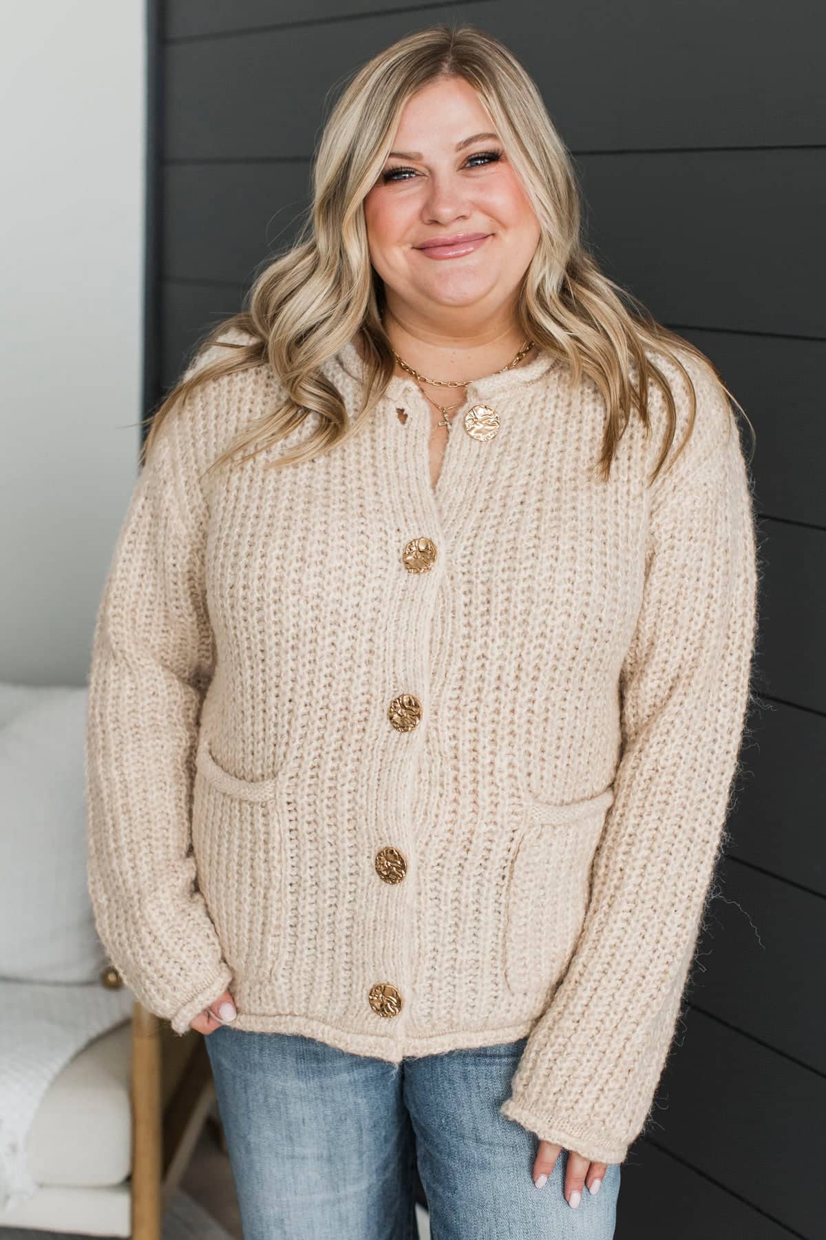 Radiating Beauty Knit Button Cardigan- Oatmeal - Image 3