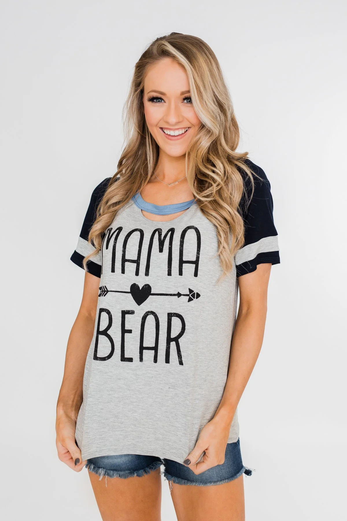 Raglan "Mama Bear" Short Sleeve Top- Heather Grey & Navy - Image 2