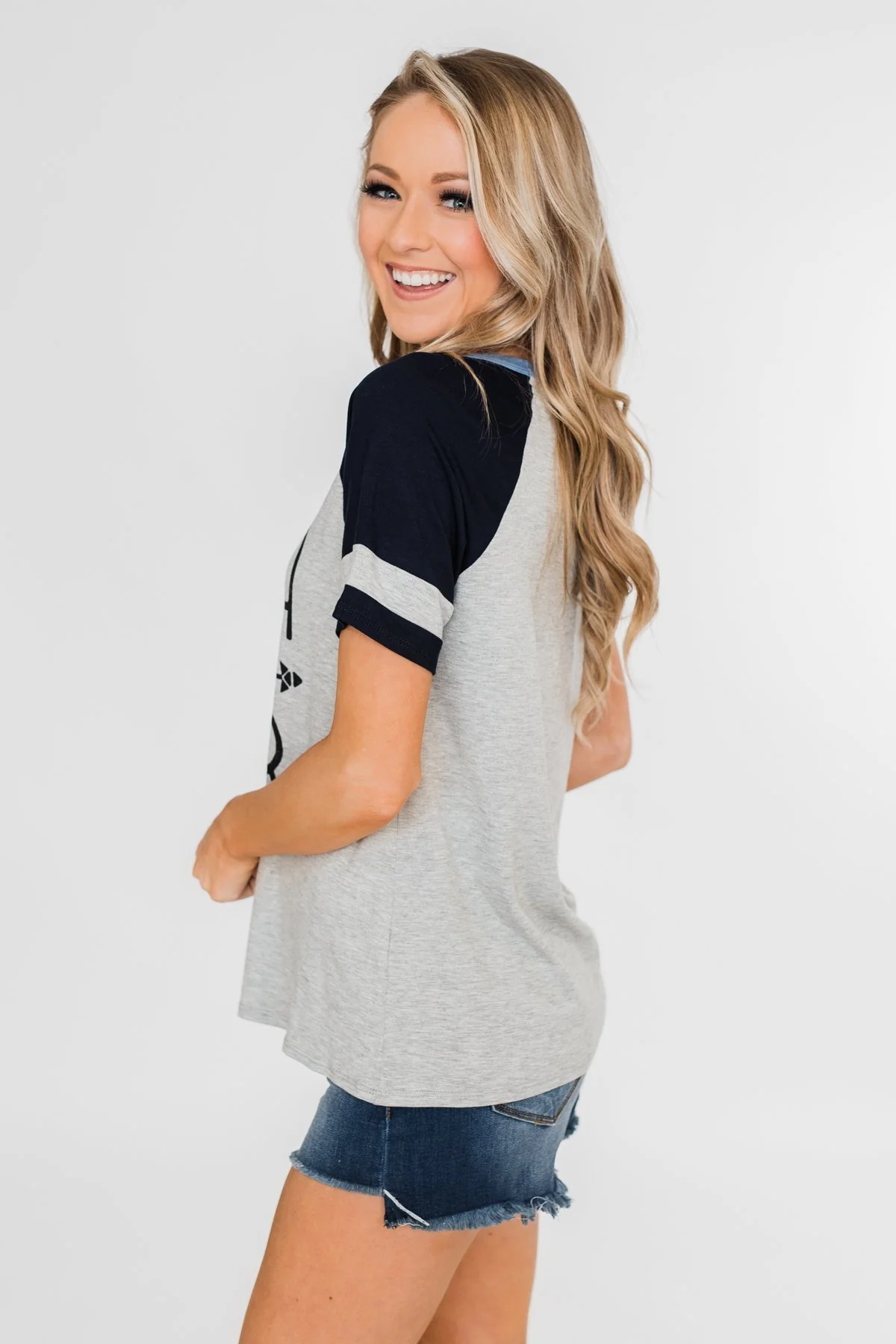 Raglan "Mama Bear" Short Sleeve Top- Heather Grey & Navy - Image 4