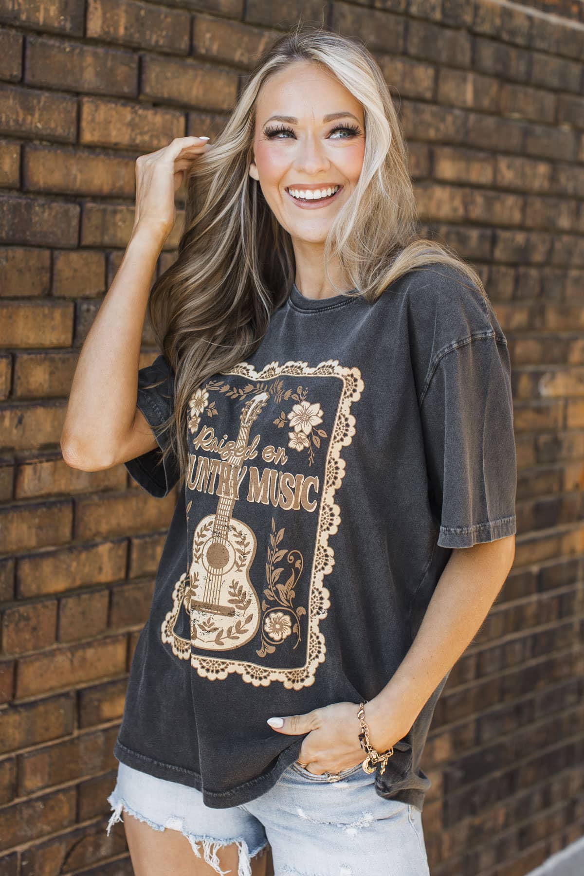 "Raised on Country Music" Graphic Tee- Charcoal - Image 6