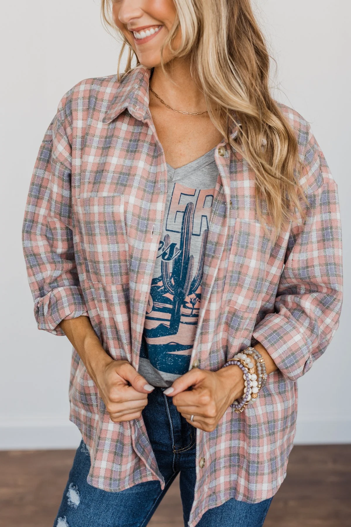 Raking In The Fun Flannel- Dusty Pink, Lavender, & Ivory - Image 3