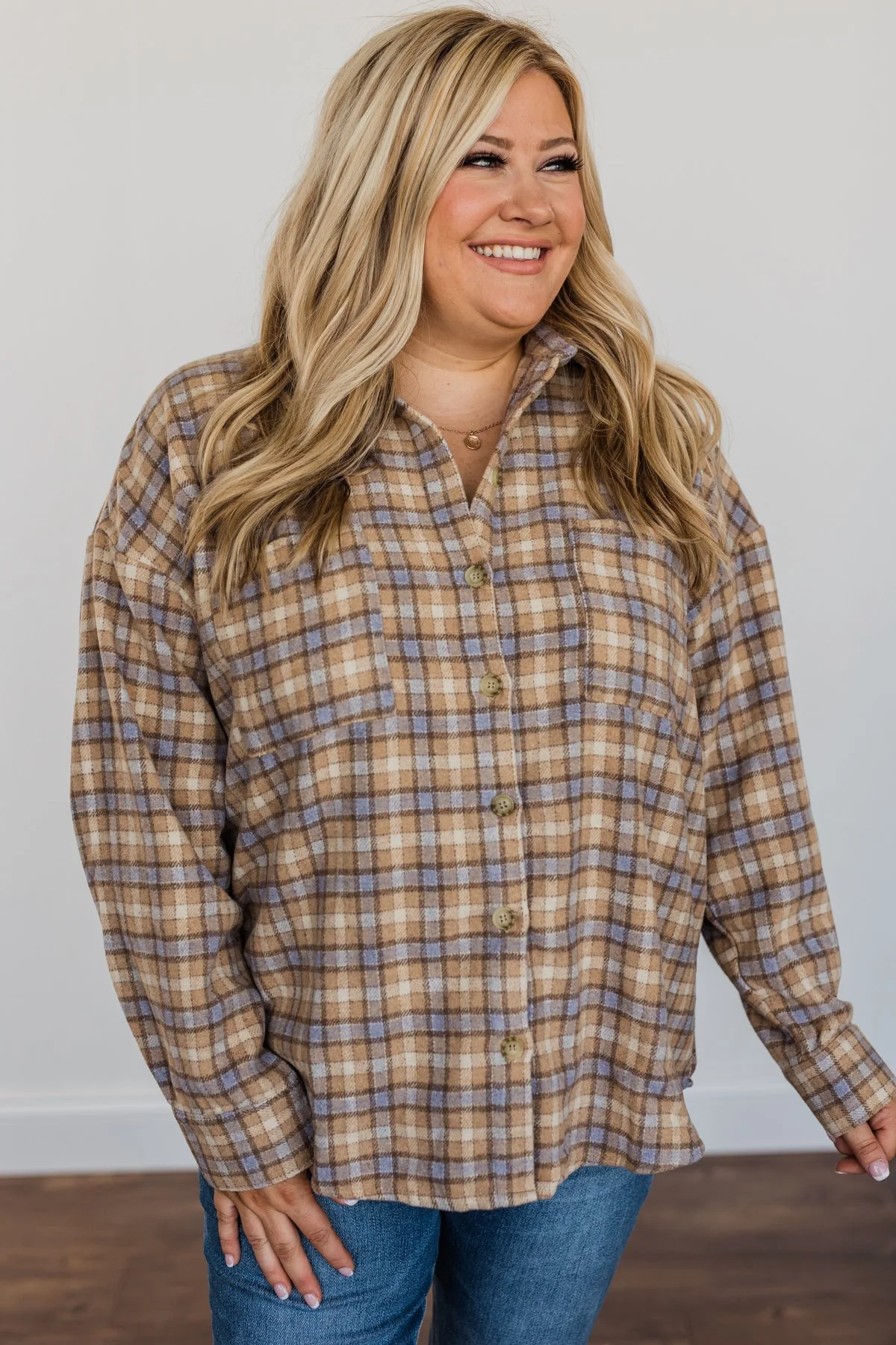 Raking In The Fun Flannel- Taupe, Tan, & Dusty Blue - Image 4
