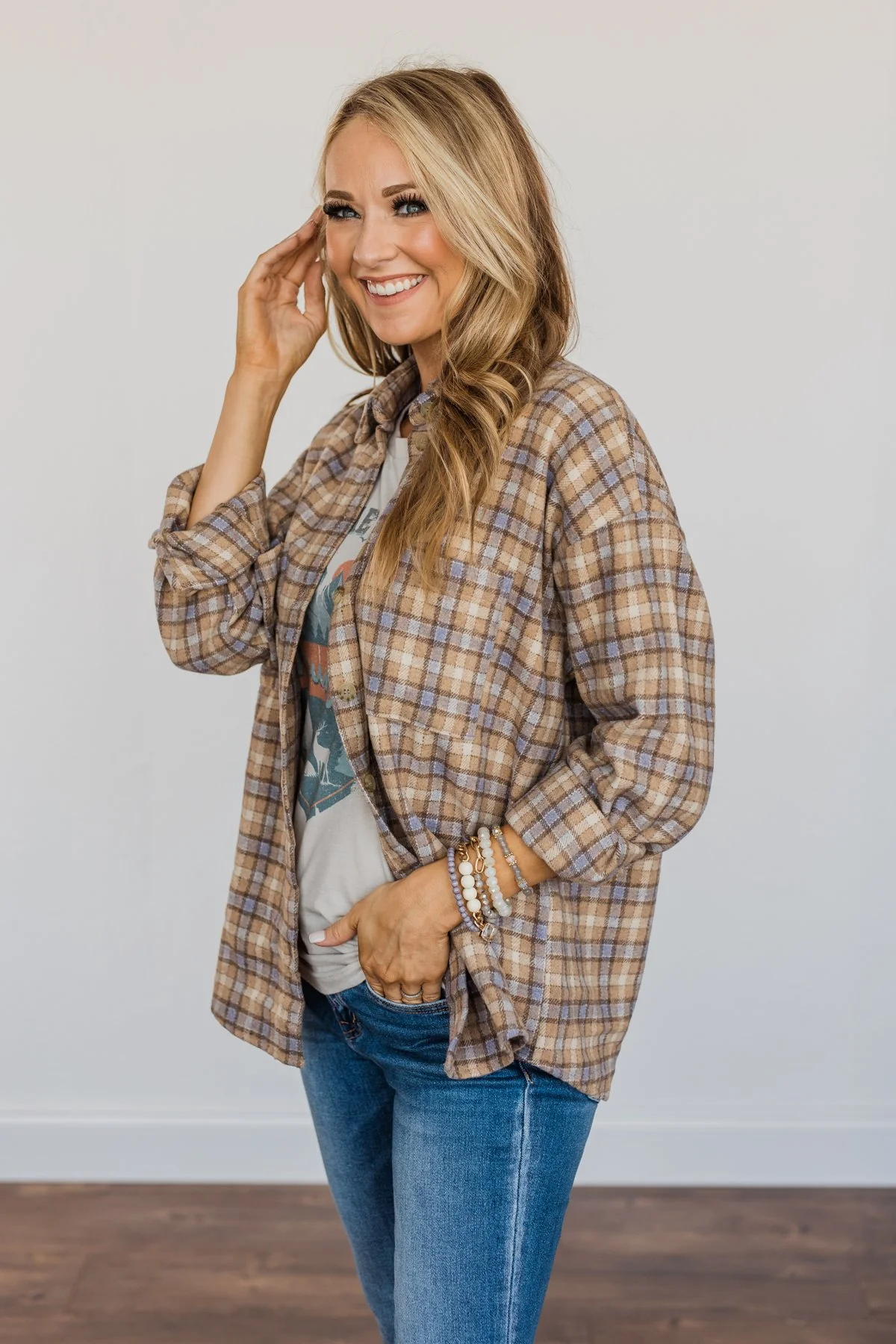 Raking In The Fun Flannel- Taupe, Tan, & Dusty Blue - Image 5