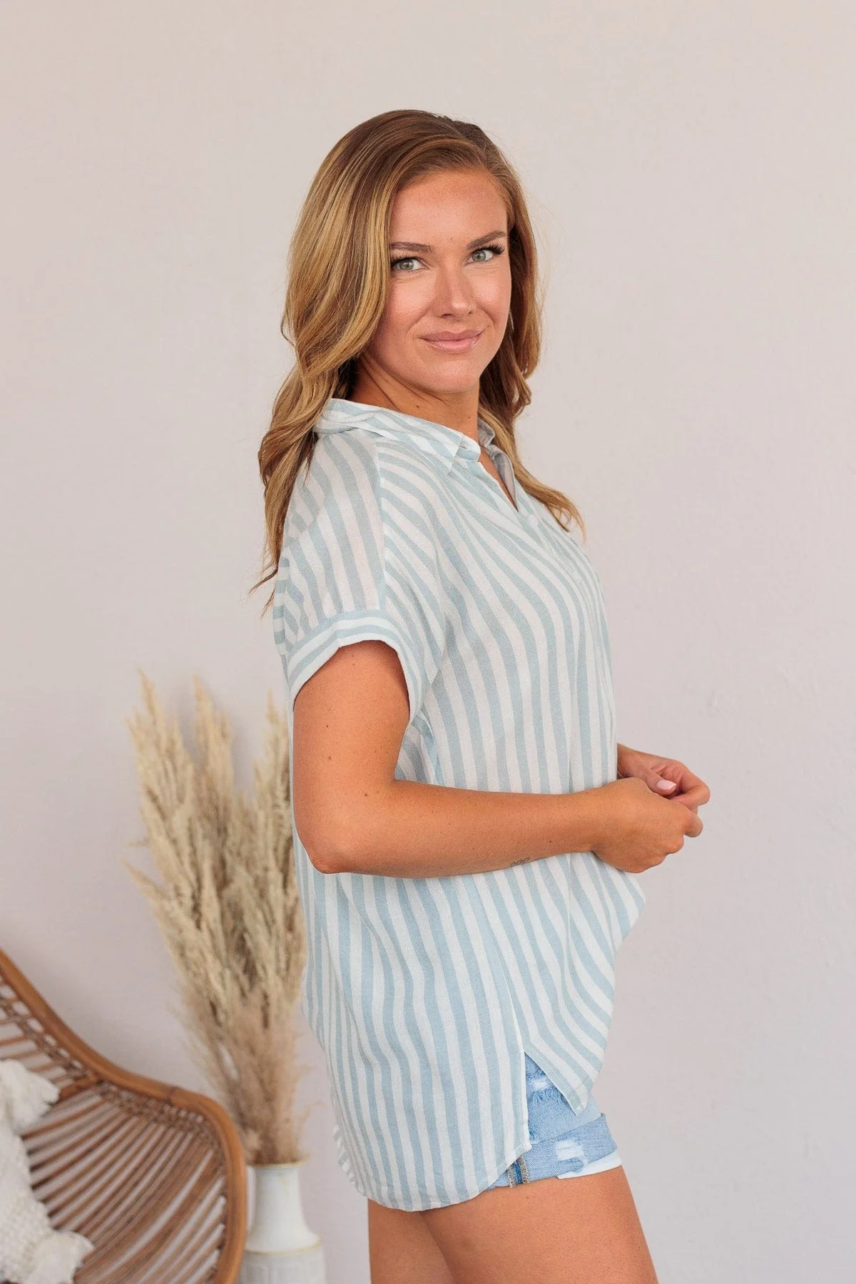 Reach For More Striped Button Top- Blue & Ivory - Image 10