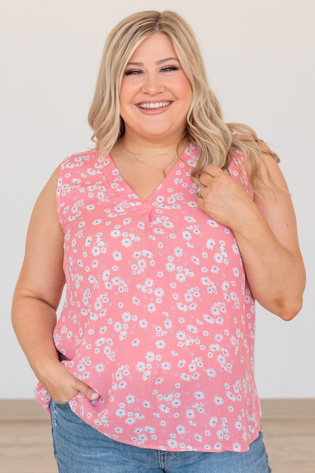 Reach For The Sky Floral V-Neck Tank- Pink - Image 2
