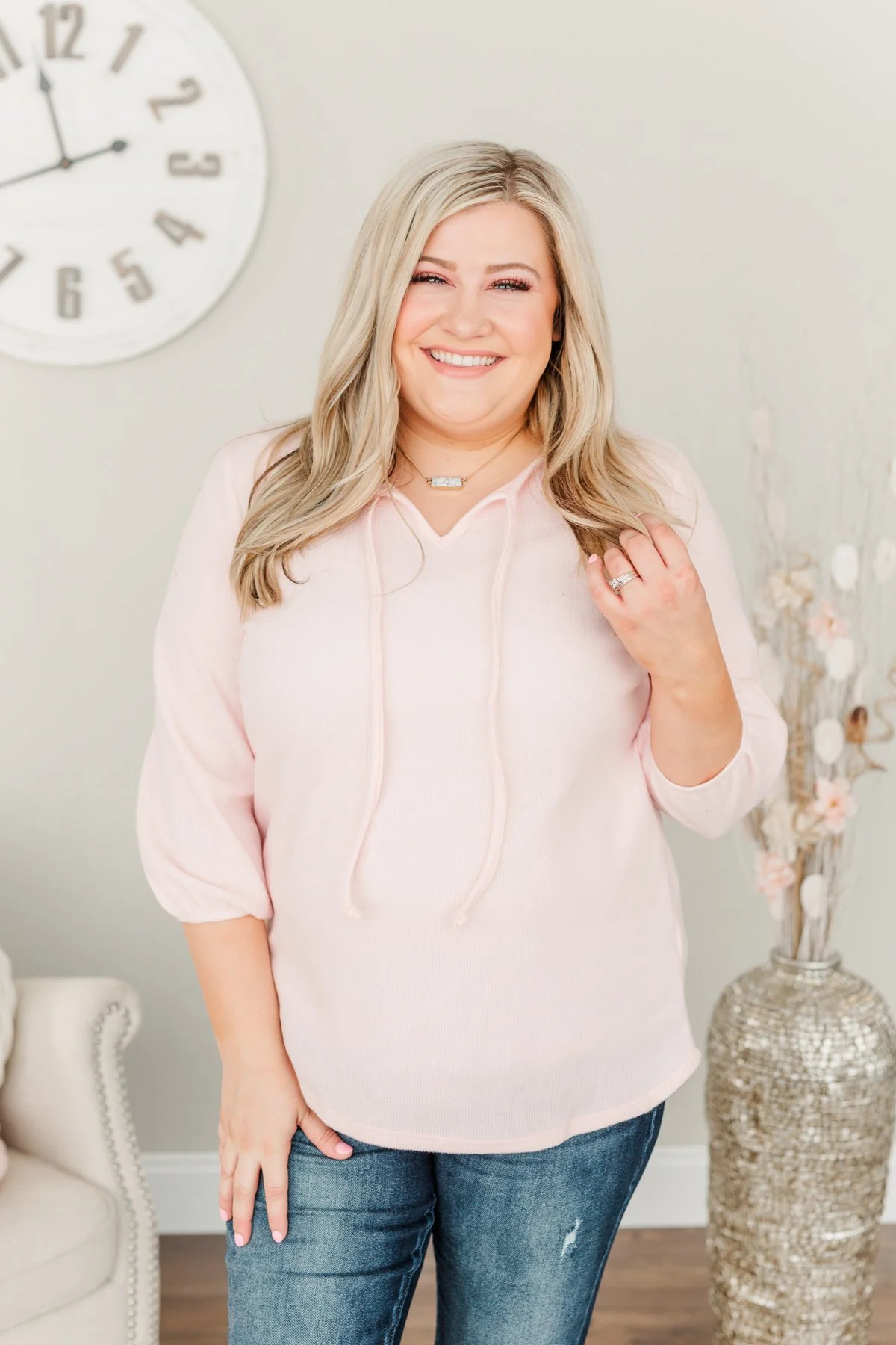 Reaching For Love Thermal Knit Top- Light Pink - Image 2