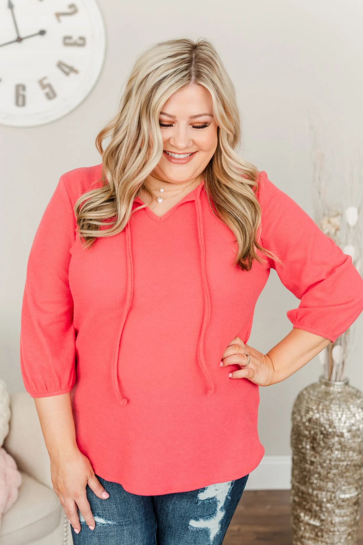 Reaching For Love Thermal Knit Top- Lipstick Pink - Image 2