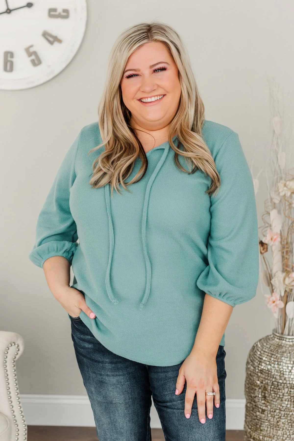 Reaching For Love Thermal Knit Top- Teal - Image 2