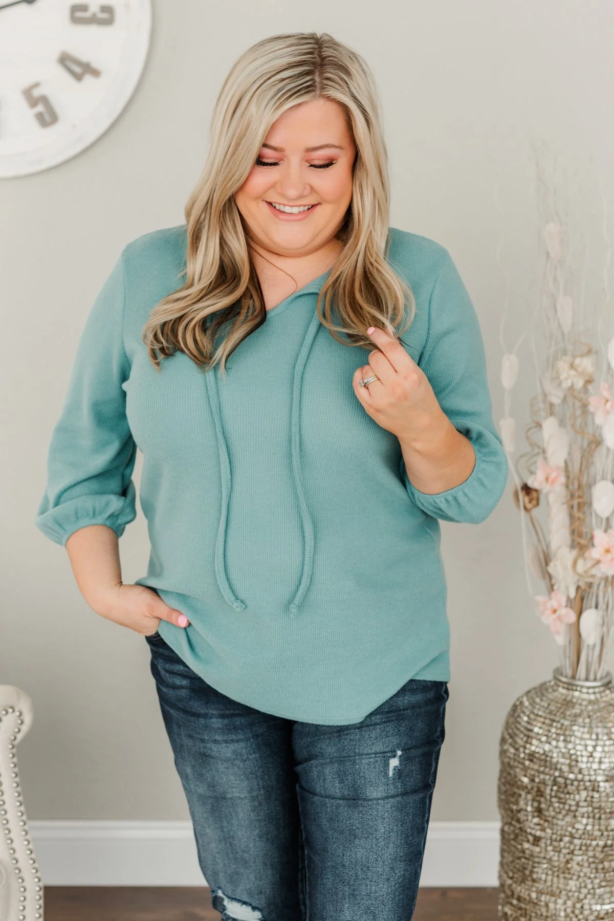 Reaching For Love Thermal Knit Top- Teal - Image 4