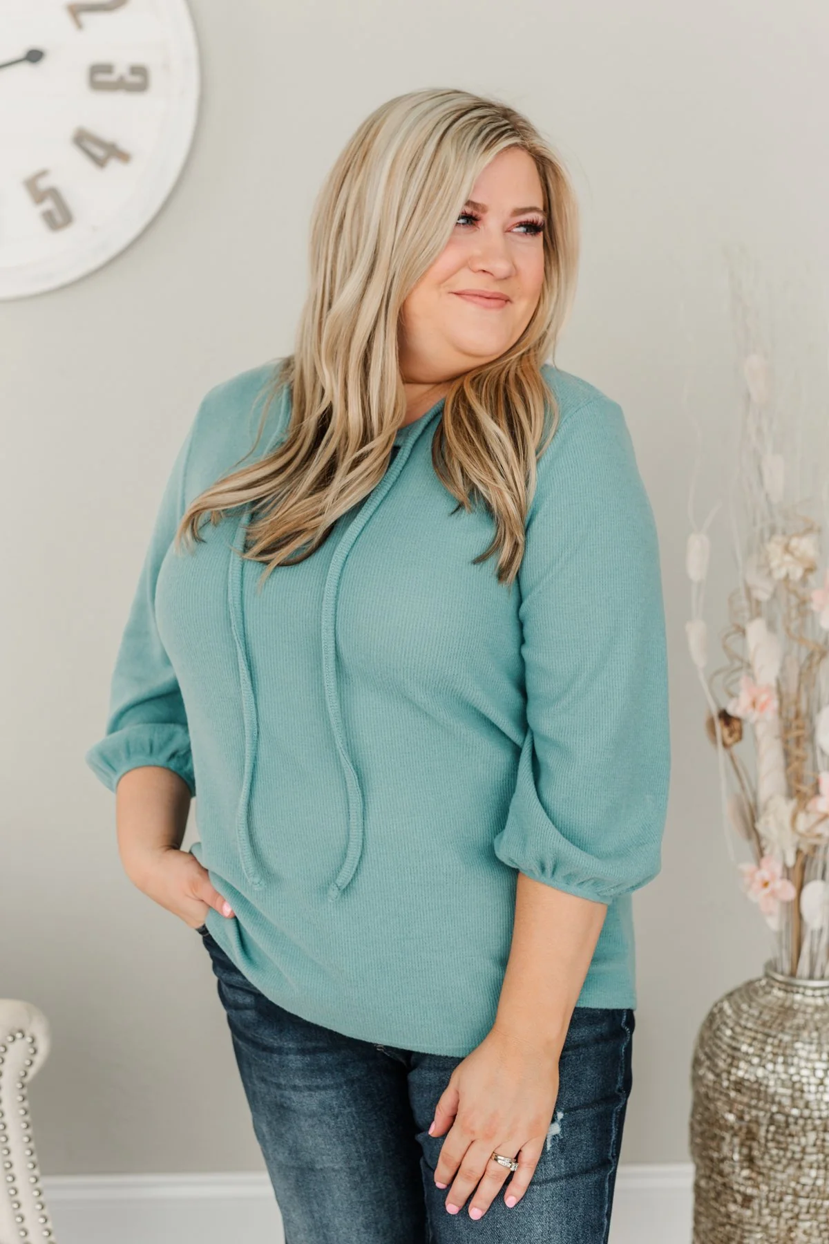 Reaching For Love Thermal Knit Top- Teal - Image 6