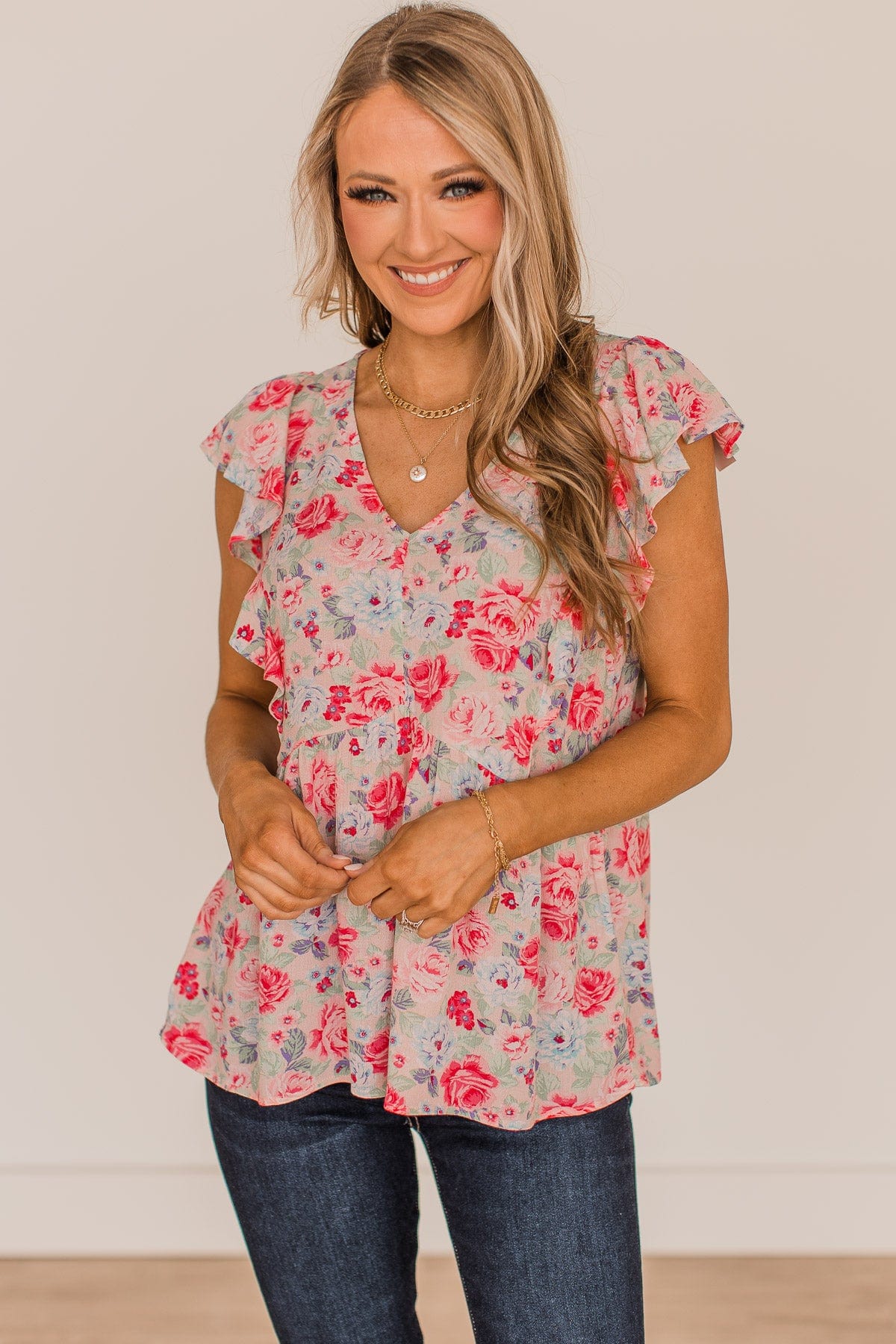 Read My Mind Floral Babydoll Blouse- Pink & Sage - Image 2