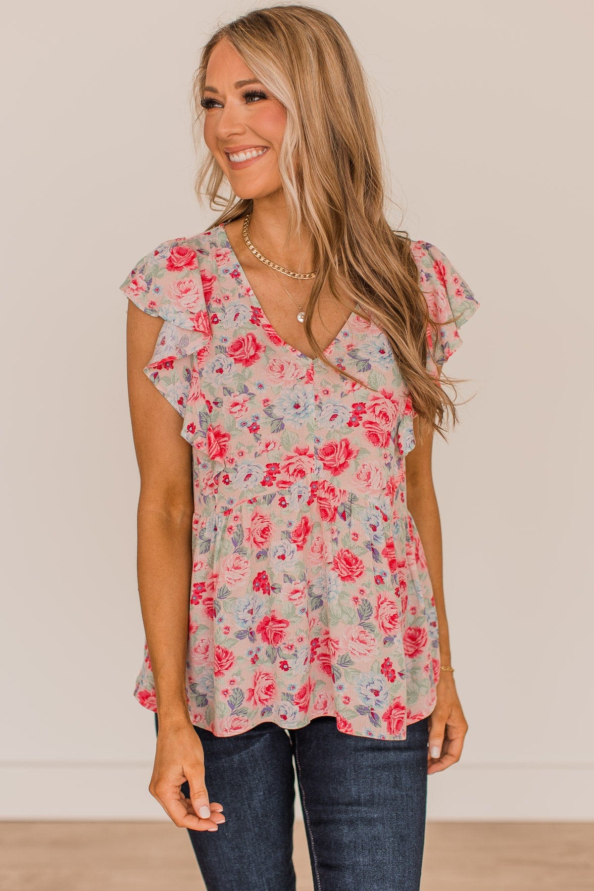 Read My Mind Floral Babydoll Blouse- Pink & Sage - Image 4