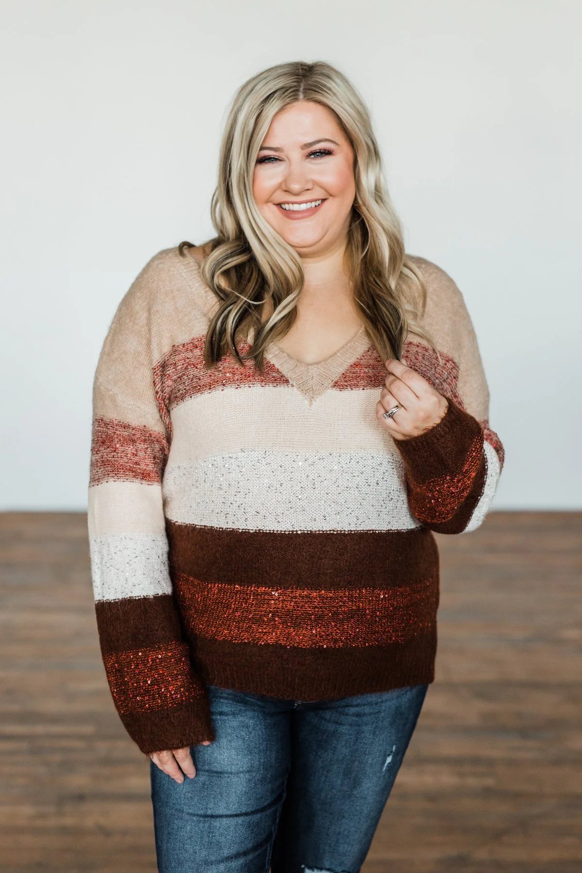 Ready For Snow Sequin Striped Sweater- Beige, Brown, Burgundy - Image 3